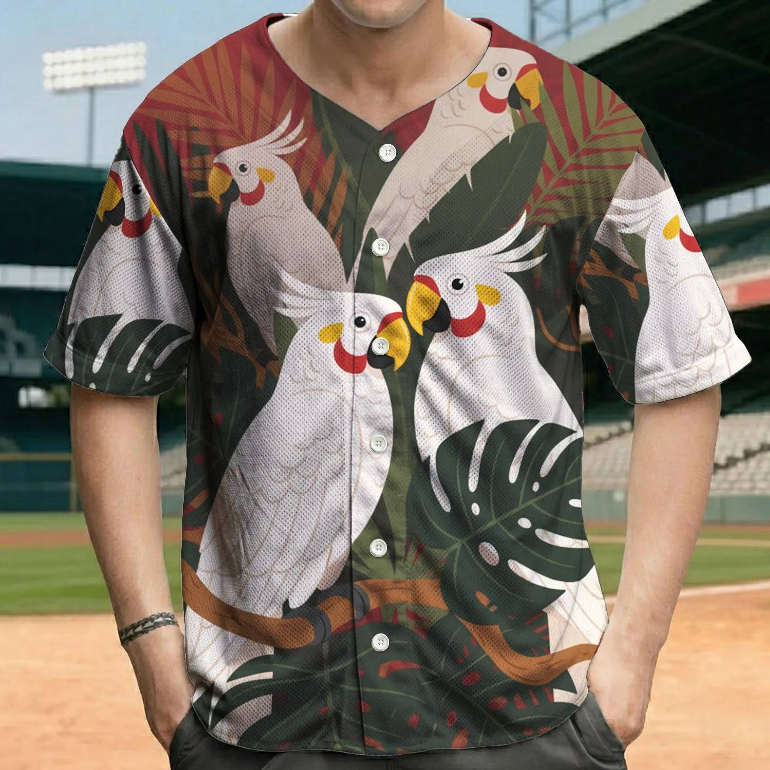 White Parrots Yellow Beaks Red Markings Lush Tropical Foliage - Island Vacation Wear Baseball Jersey - 1
