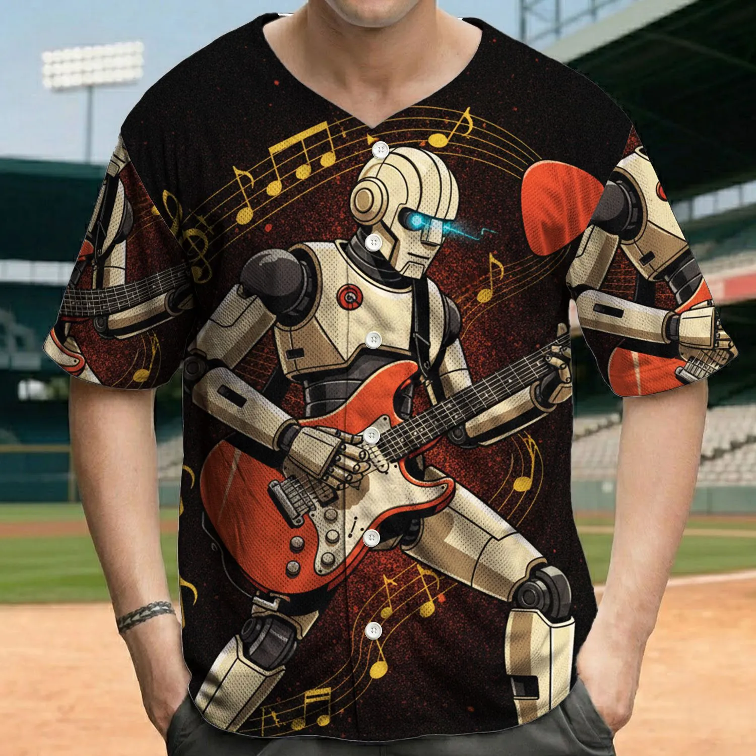 Retro-Futuristic Robot Electric Guitarist Music Notes - Music Lover Gift for Sci-Fi Fans Baseball Jersey - 1