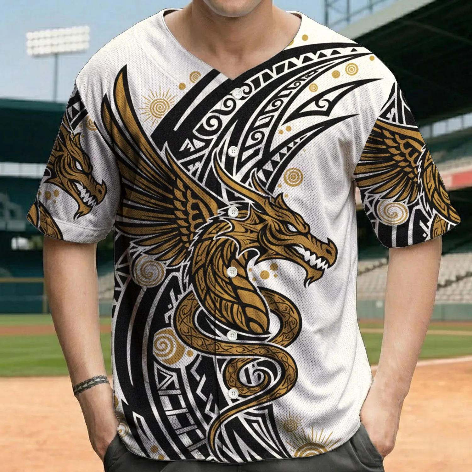 Golden Dragon Head Tribal Serpent Sunburst Polynesian Patterns - Mythical Creature Gift Baseball Jersey - 1