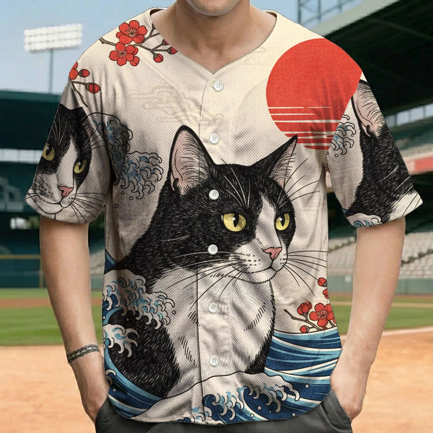 Japanese Tuxedo Cat Ocean Waves Cherry Blossoms - Wildlife Lover Gift Baseball Jersey - 1