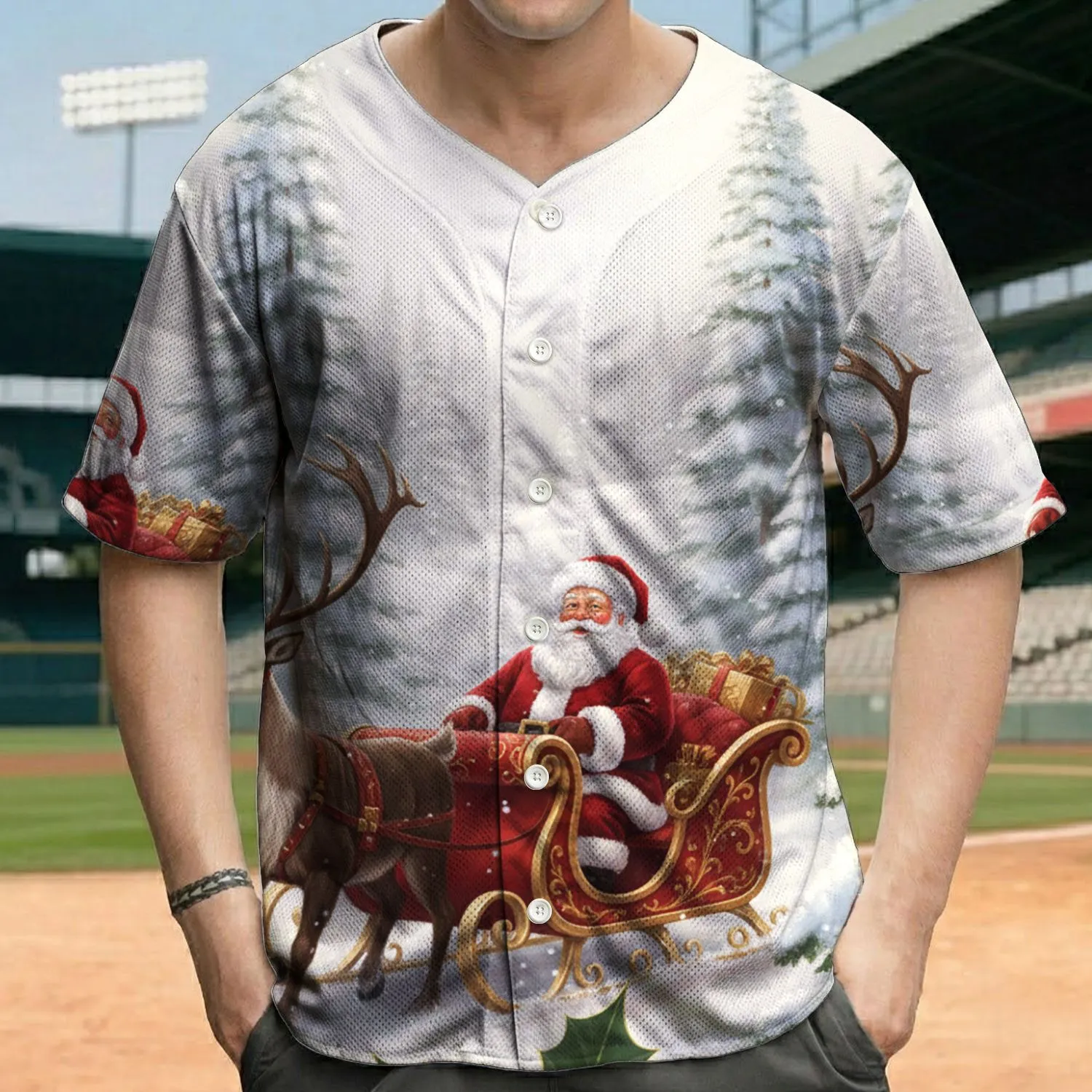 Jovial Santa Claus Sleigh Reindeer Snowy Forest - Christmas Gift for Holiday Hosts Baseball Jersey - 1