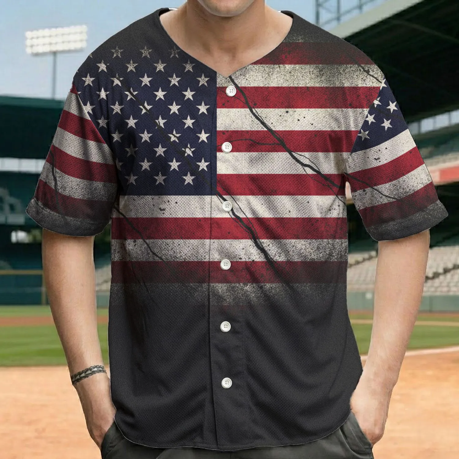 Heavily Distressed Shattered American Flag Independence Day Celebration Gift for Veterans Baseball Jersey - 1