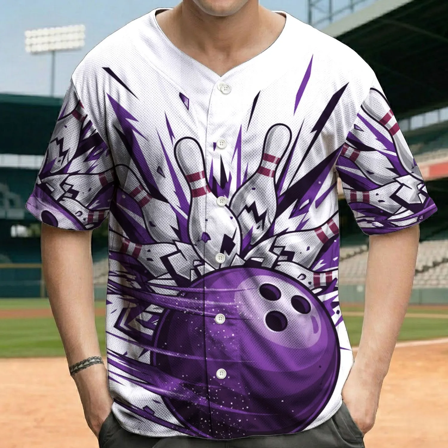Deep Purple Bowling Ball Pins Explosion Scene - Bowling League Game Day Gift for Bowlers Baseball Jersey - 1