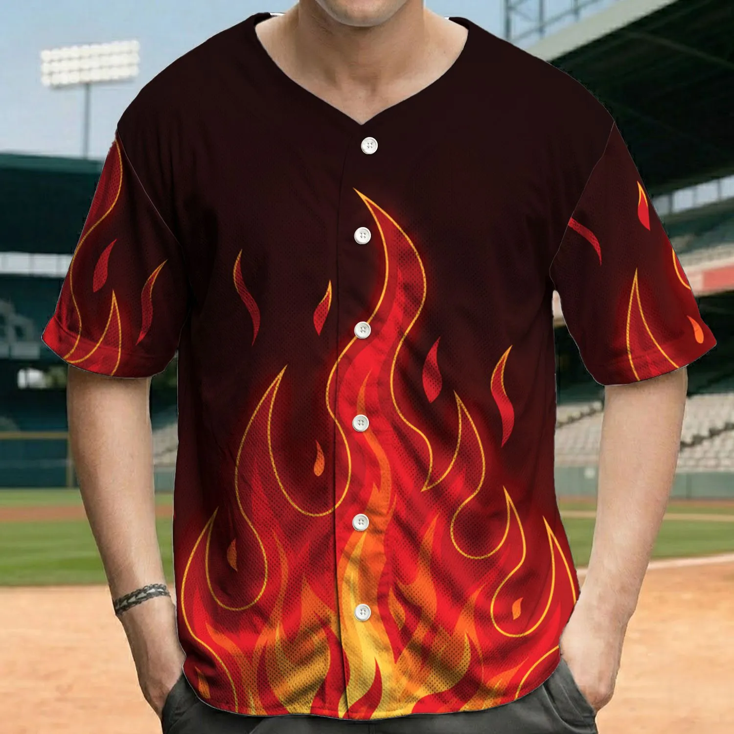 Red Orange Flames Rising Glowing Fire Outlines Tendrils Licks - Lover Gift Statement Baseball Jersey - 1