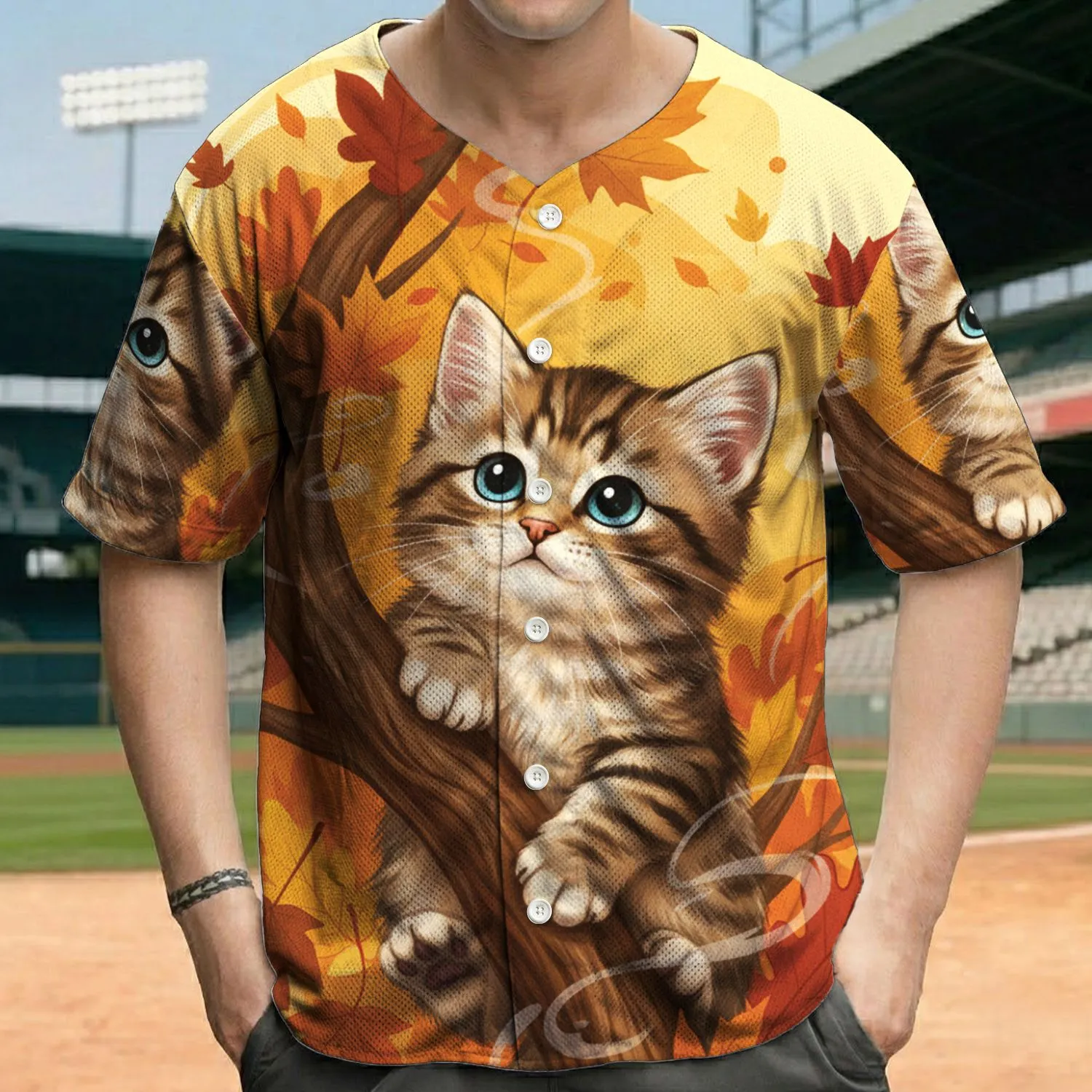 Tabby Kitten Tree Branch Autumn Leaves - Nature Lover Gift for Cat Lover Baseball Jersey - 1