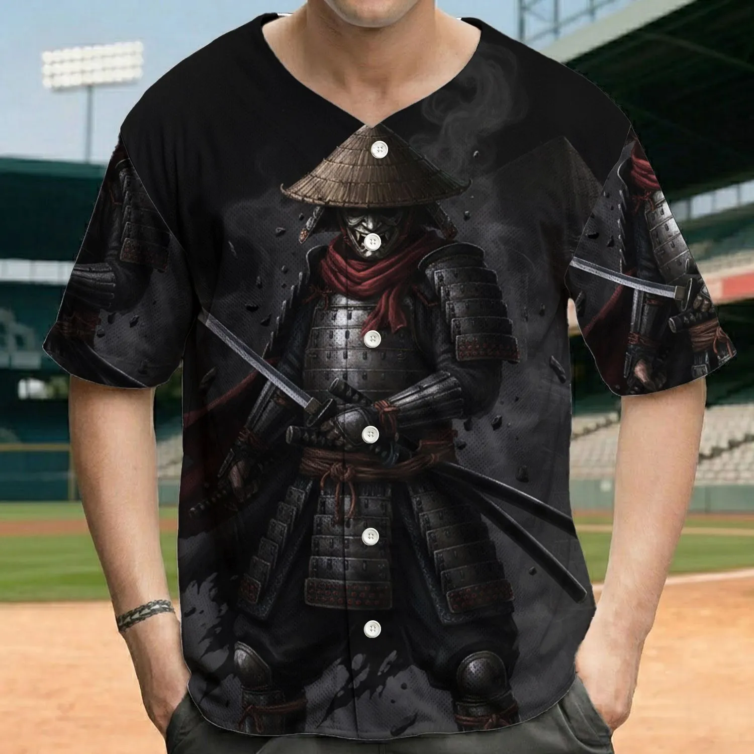 Masked Japanese Samurai Warrior Dark Armor Katana Swords Red Scarf - Action Fan Gift Baseball Jersey - 1