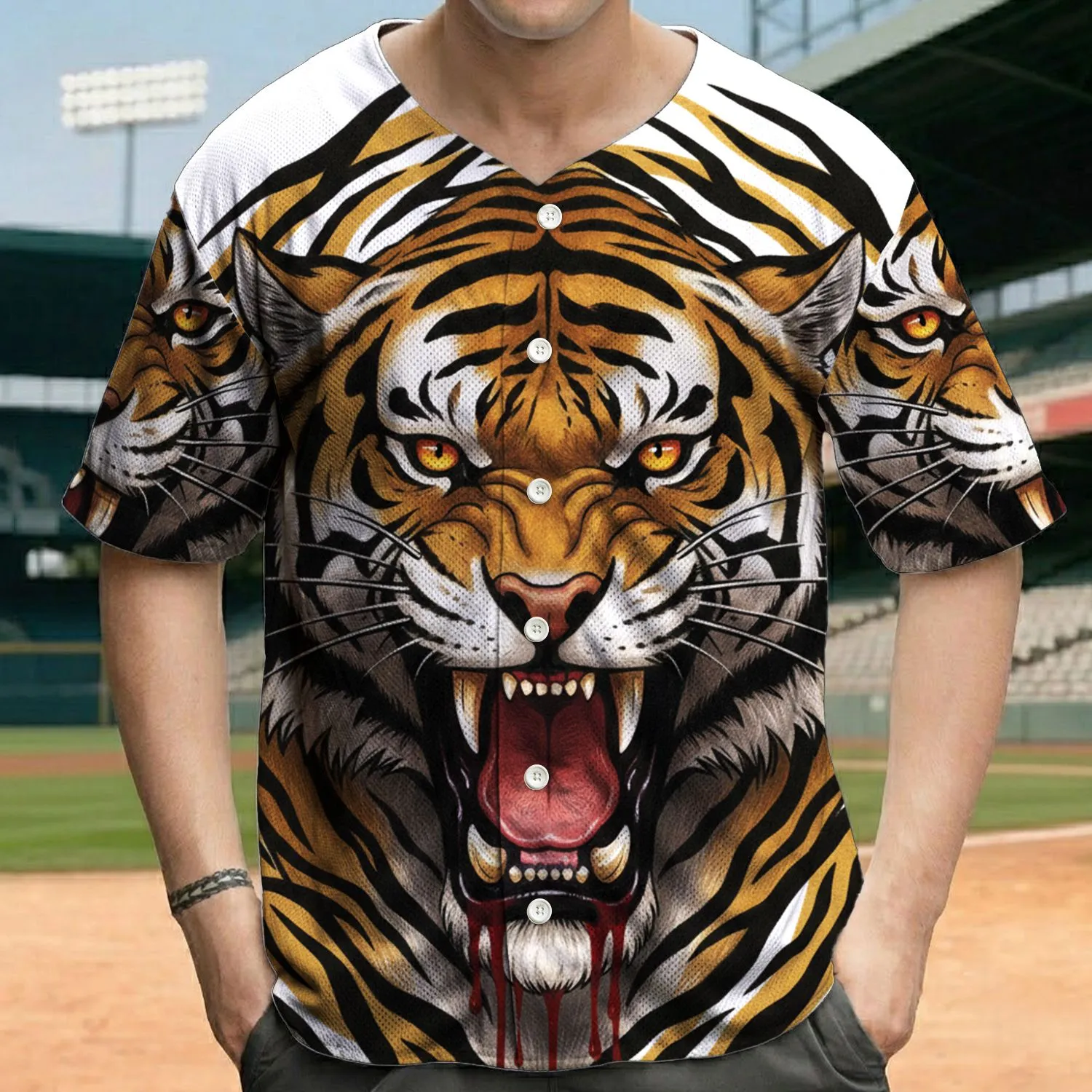 Ferocious Roaring Tiger Head Glowing Eyes Bloody Fangs Golden Stripes - Wildlife Lover Gift Baseball Jersey - 1