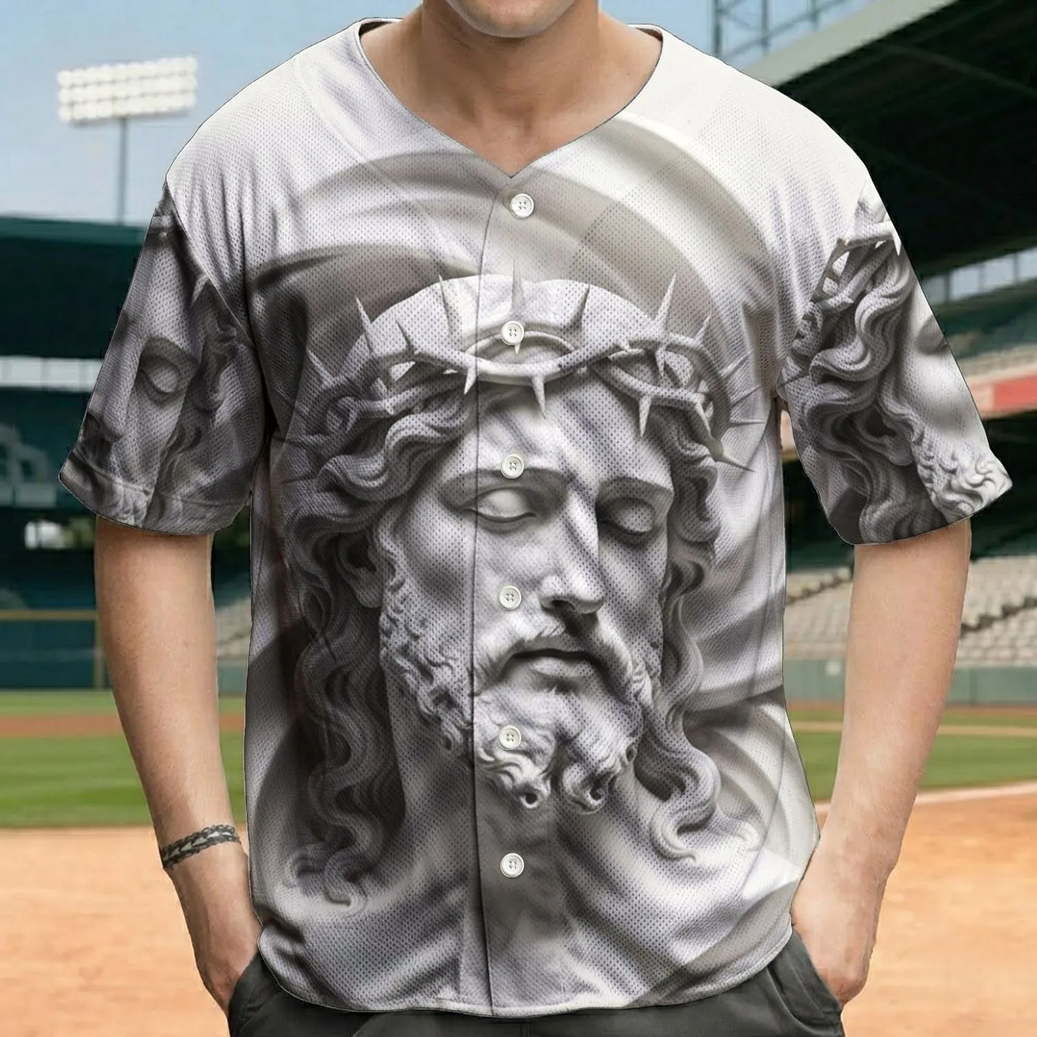 Jesus Christ Crown of Thorns Marble Sculpture - Spiritual Worship Baseball Jersey - 1