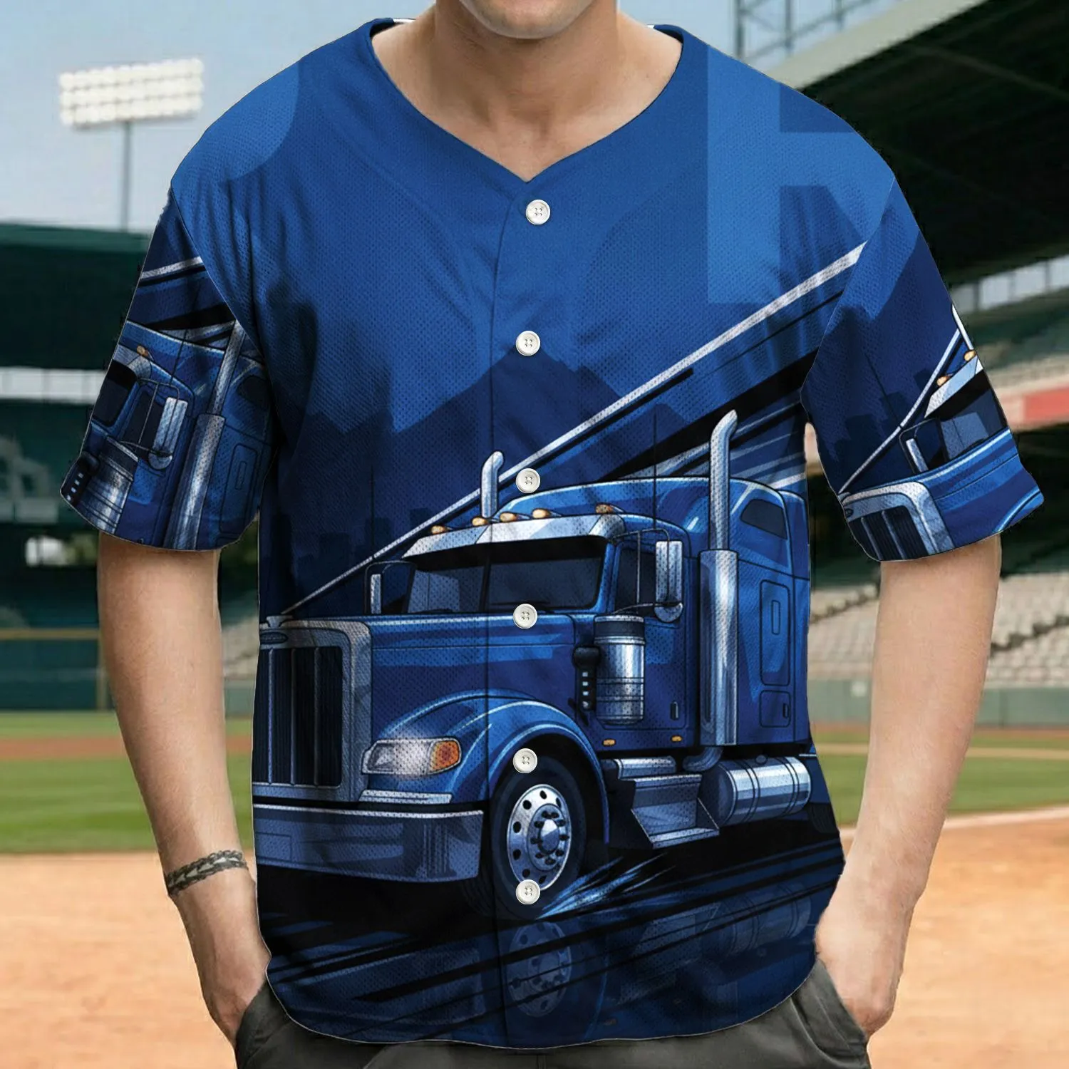 Dynamically Angled Blue Semi-Truck Speed Cityscape - Driving Enthusiast Gift for Truck Driver Baseball Jersey - 1