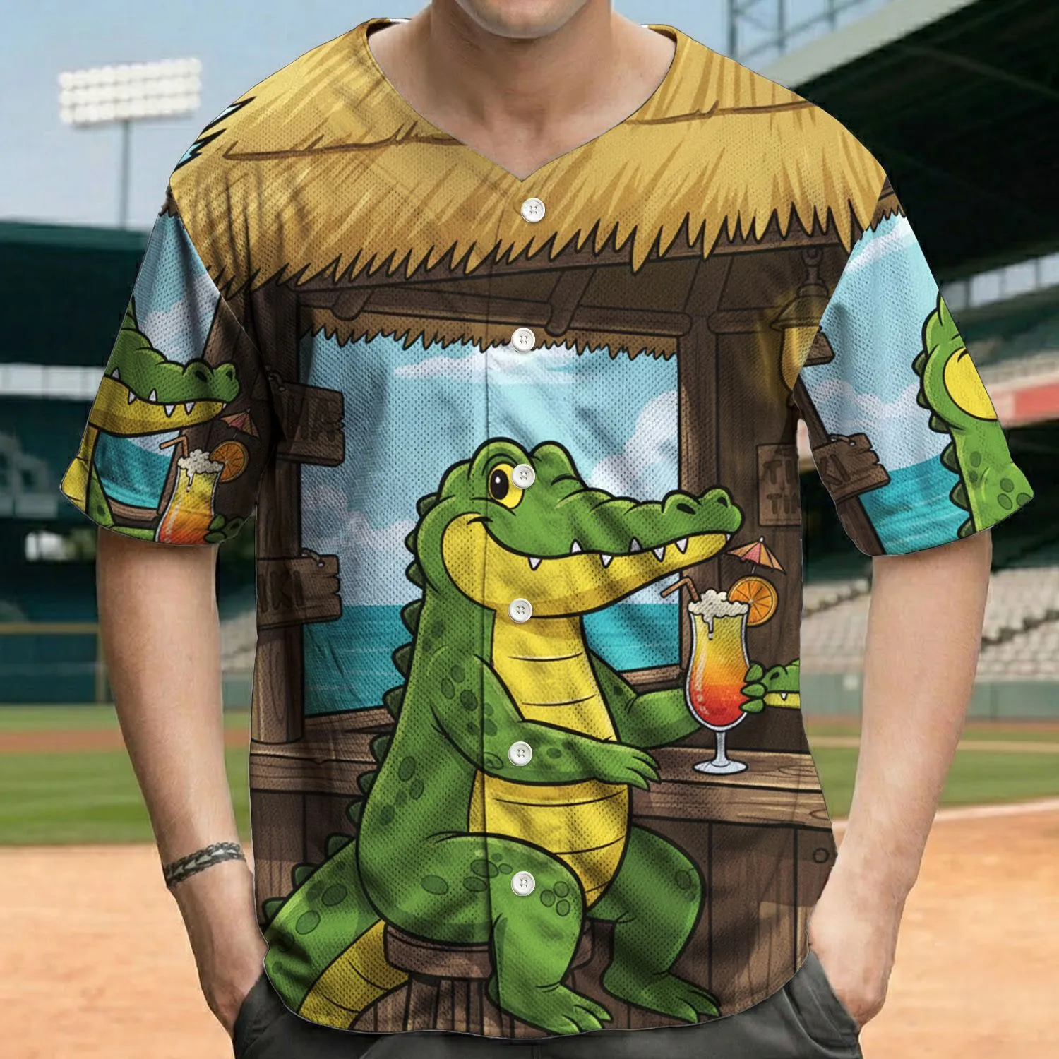 Green Cartoon Alligator Tiki Bar Cocktail - Tropical Vacation Gift Baseball Jersey - 1