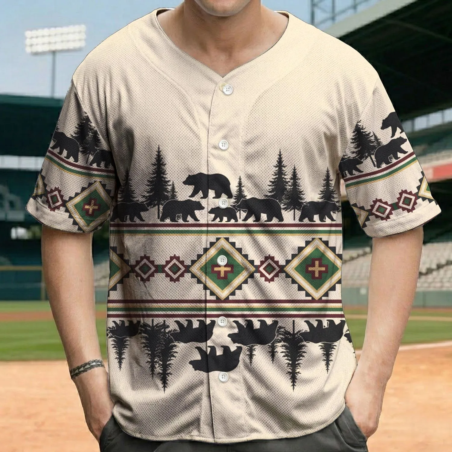 Diamond Square Triangle Tribal Bear Pine Trees - Everyday Wildlife Lover Gift Baseball Jersey - 1