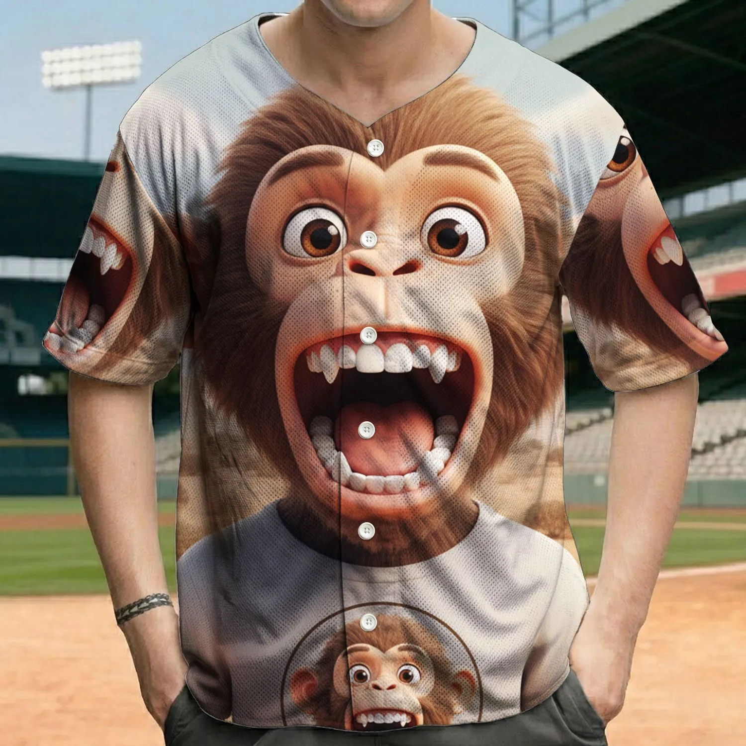 Shaggy Brown Monkey Wide Mouth Desert Landscape Wildlife Lover Gift Baseball Jersey - 1