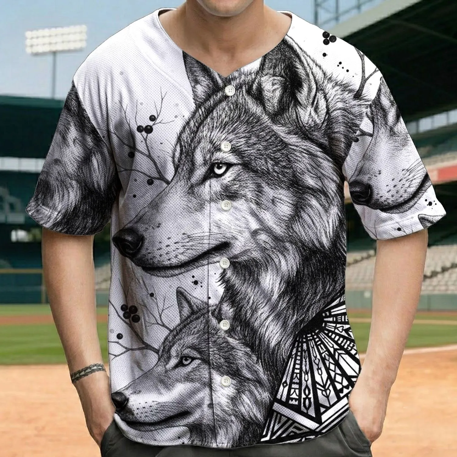 Black White Wolf Heads Tribal Ornament Berries - Wildlife Lover Gift for Wolf Lovers Baseball Jersey - 1