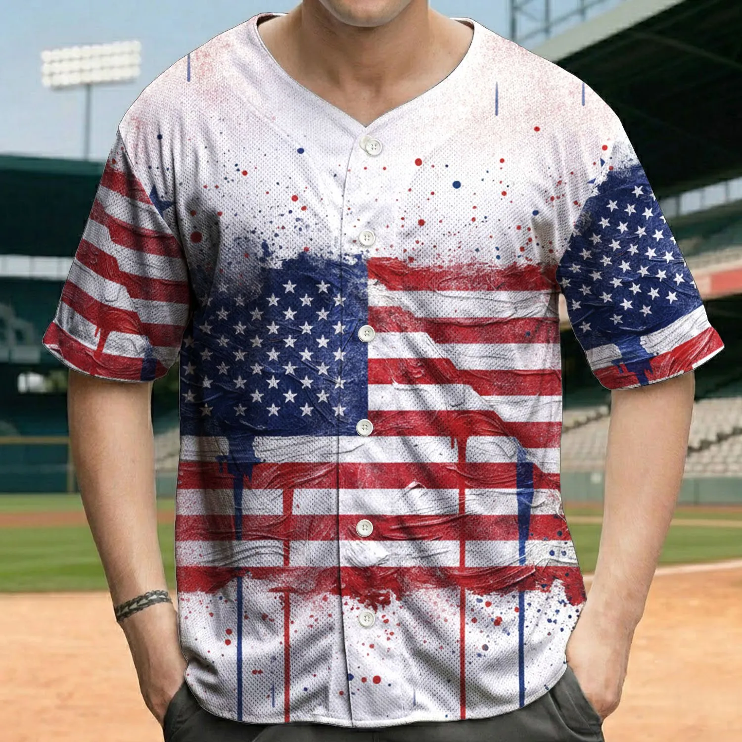 Rugged Distressed Paint Splatter American Flag - Independence Day Gift for Veterans or Military Baseball Jersey - 1