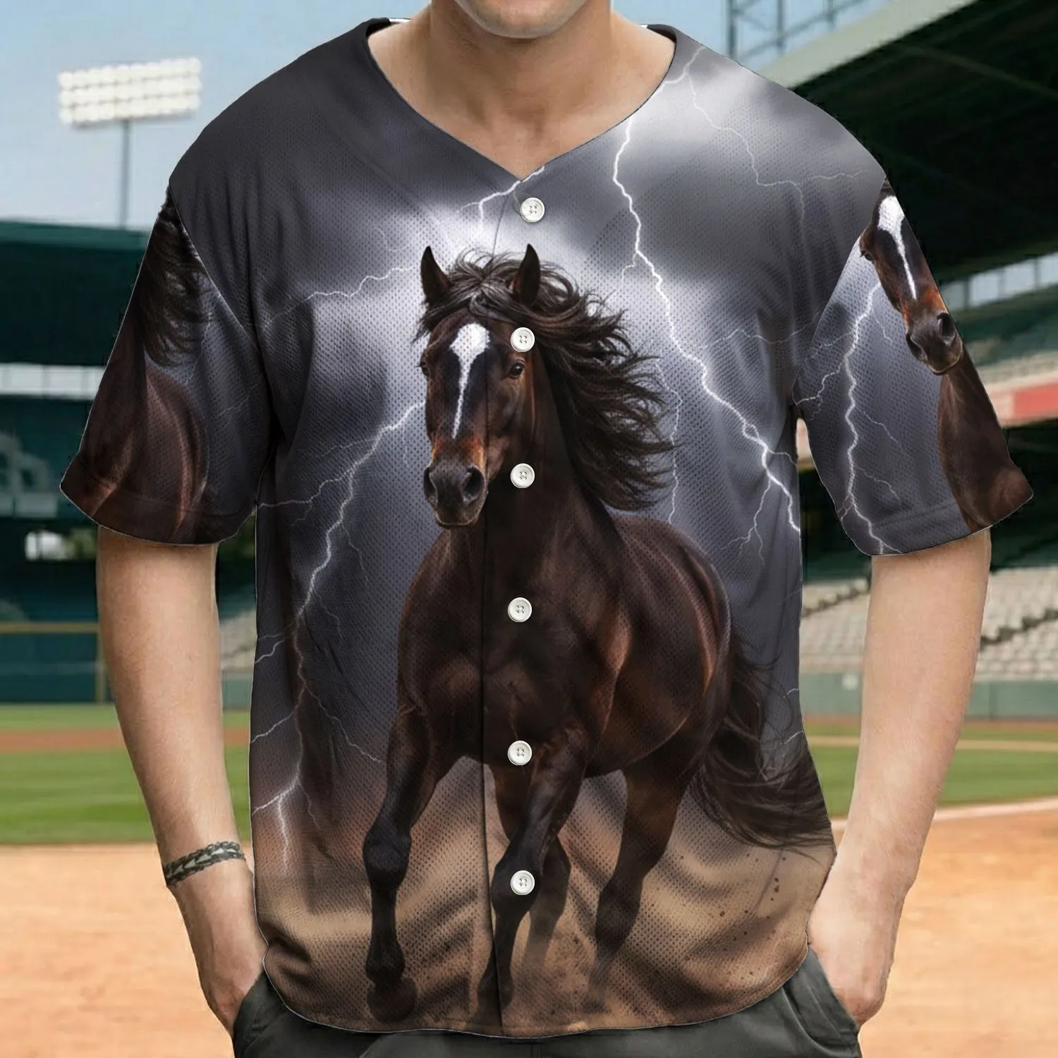 Galloping Dark Horse Flowing Mane Lightning Storm Dusty Ground - Equestrian Rider Gift Baseball Jersey - 1