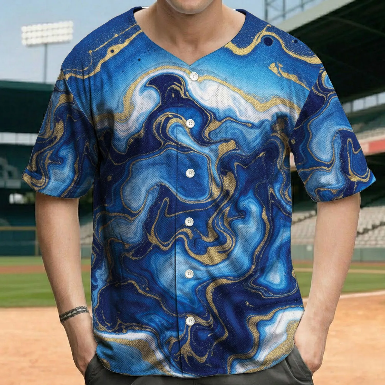 Deep Royal Blue Golden Liquid Swirls Realistic Marbling - Statement Gift Baseball Jersey - 1