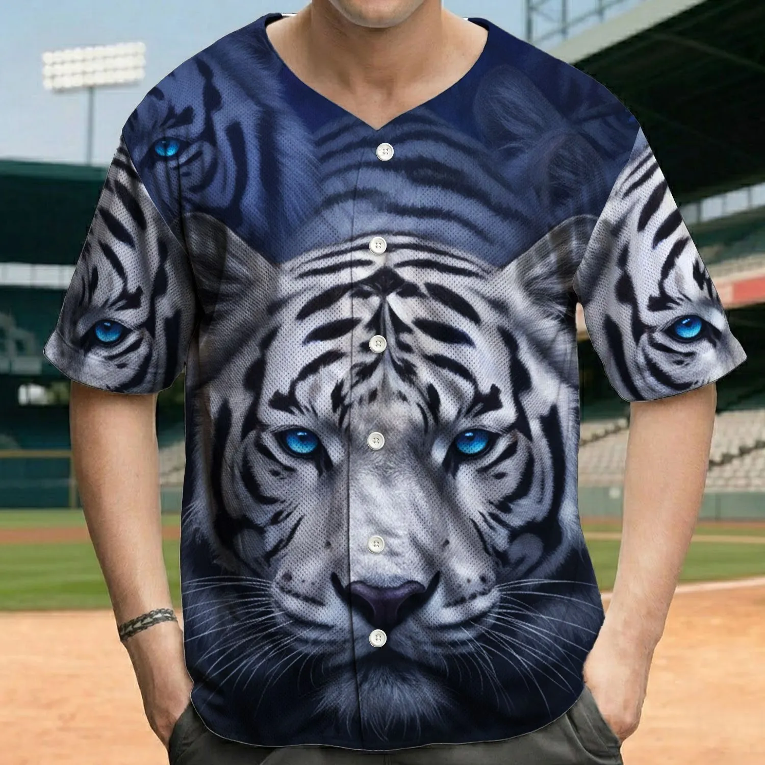 Powerful White Tiger Face Glowing Electric Blue Eyes Dark Stripes - Wildlife Lover Gift Baseball Jersey - 1