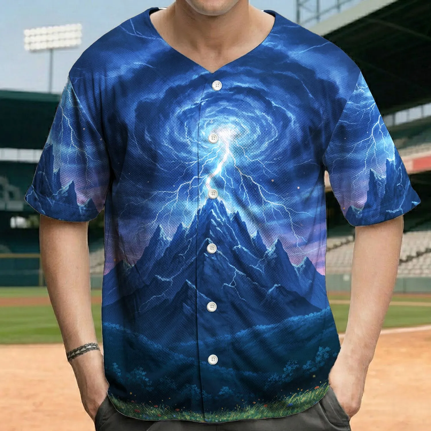 Mountain Peak Lightning Storm Grass Field - Outdoor Adventure Gift Baseball Jersey - 1