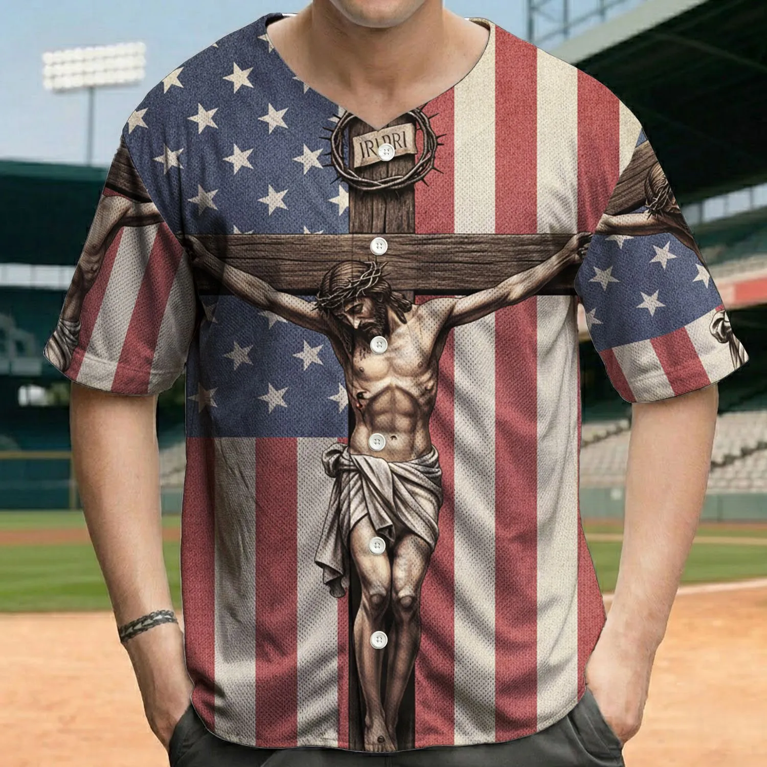 Jesus Christ Crown of Thorns Cross American Flag - Remembrance Gift for Veterans Baseball Jersey - 1