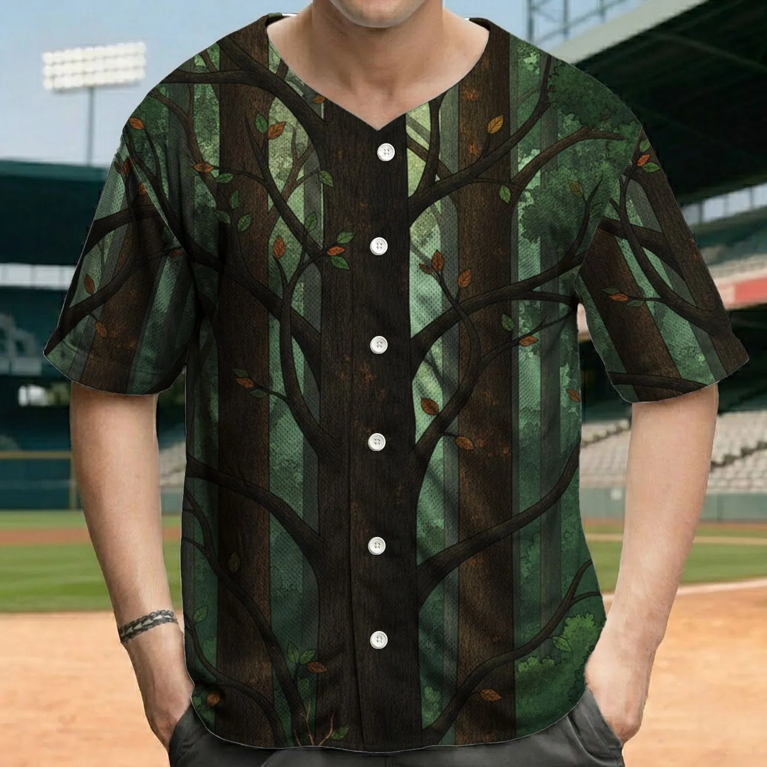 Dappled Light Forest Canopy Textured Tree Trunks Autumn Leaves - Nature Lover Gift Baseball Jersey - 1