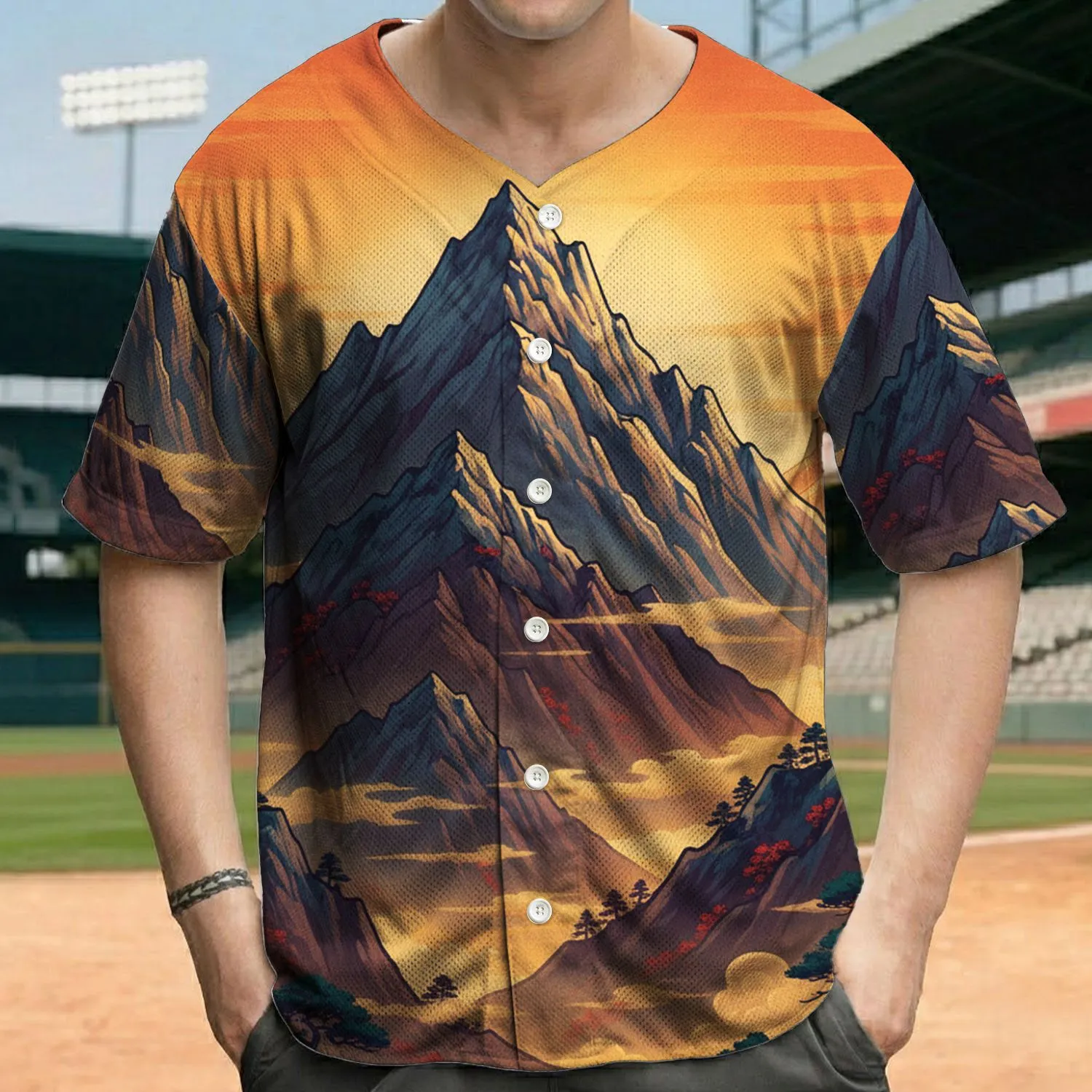 Rugged Japanese Mountain Peaks Sunrise Sunset Clouds Trees - Outdoor Lover Gift Baseball Jersey - 1