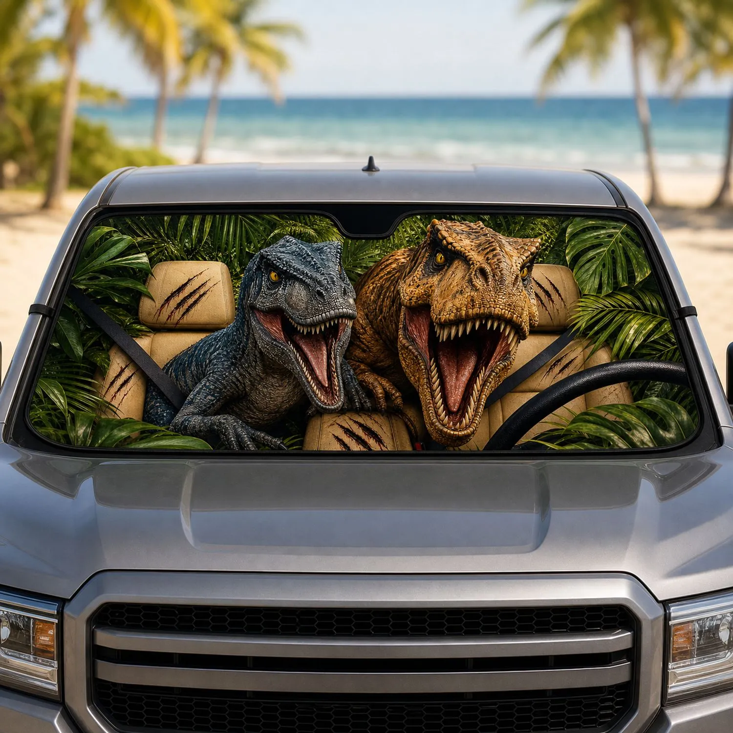 Realistic Raptor And T Rex Jungle Cabin Scene For Dino Fans Road Trip Halloween Gift Car Sunshade - 1