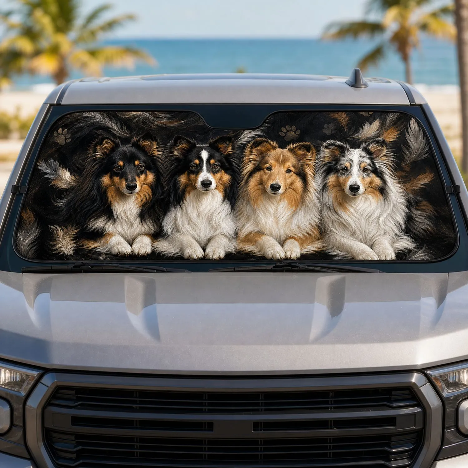 Four Sheltie Dogs Realistic Portrait For Road Trips And Outdoor Parking Dog Lovers Car Sunshade - 1