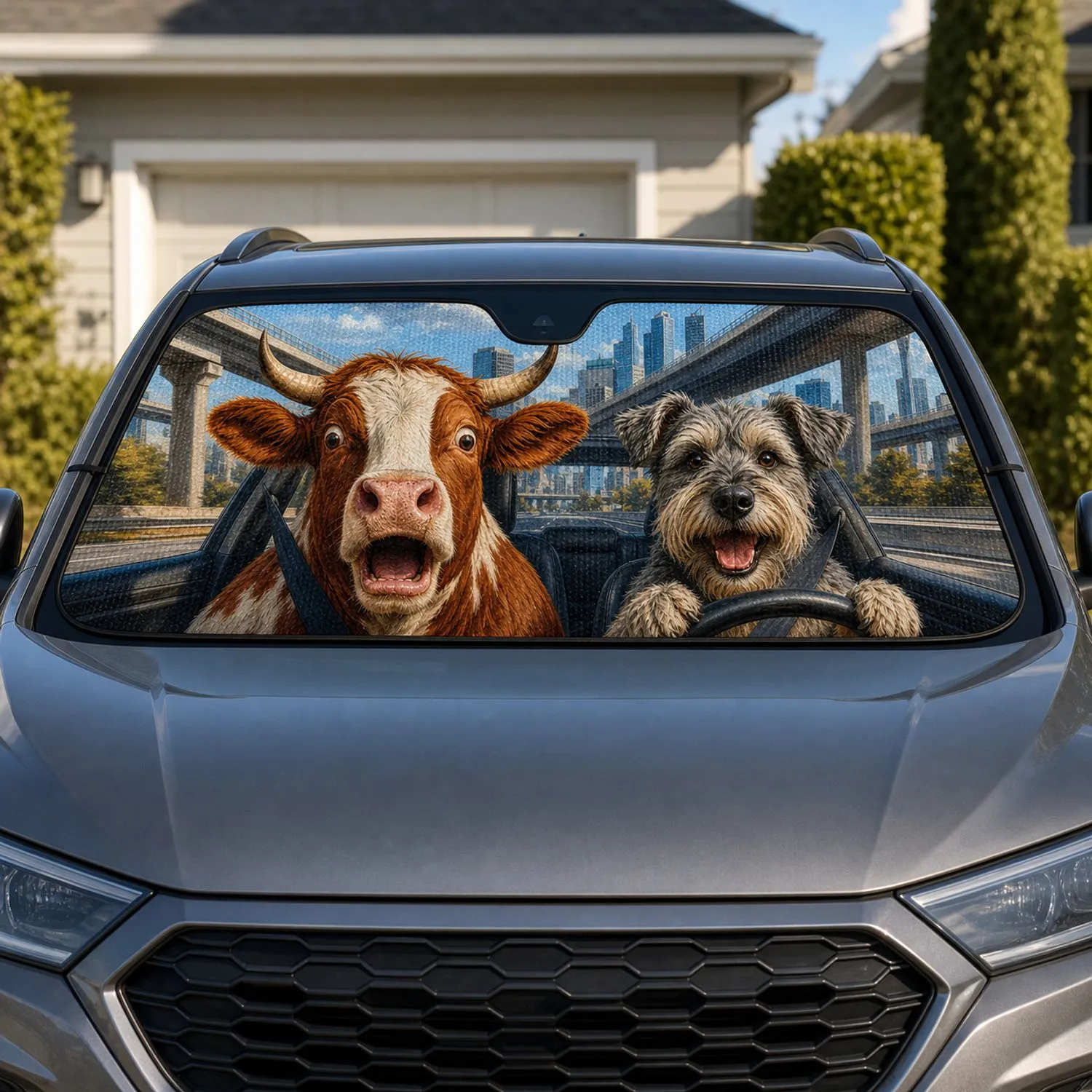 Funny Cow And Terrier Road Trip Scene For Urban Driving Adventures And Animal Lovers Car Sunshade - 1