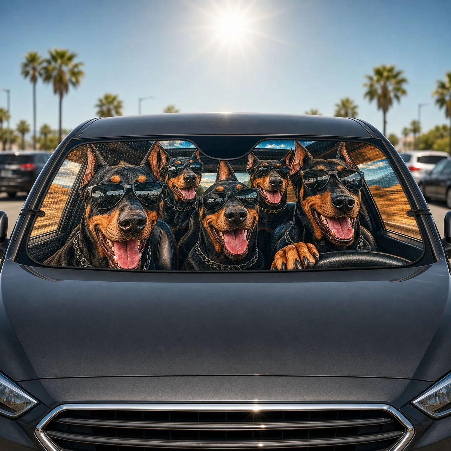 Funny Doberman Dogs In Sunglasses Driving Road Trip Cabin Decor For Dog Lovers Gift Car Sunshade - 1