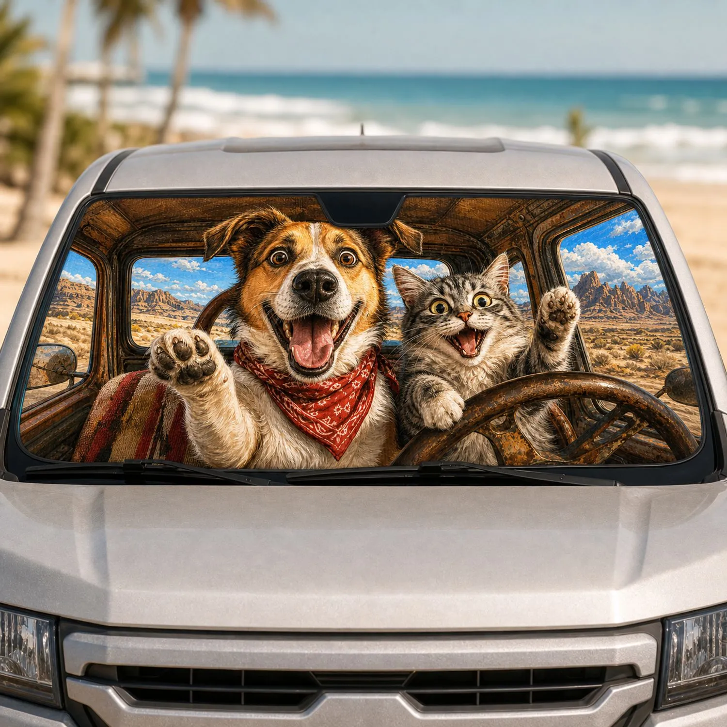 Startled Dog And Tabby Cat Road Trip Desert Adventure For Pet Lovers And Travelers Car Sunshade - 1