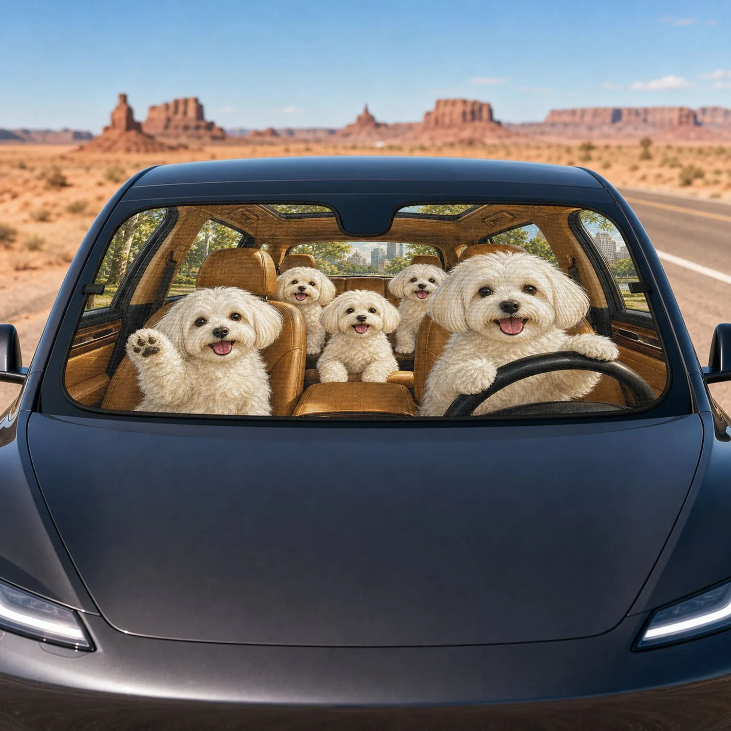 Five Happy Maltese Dogs In Tan Leather Cabin For Pet Lovers Road Trip Decor Gift Car Sunshade - 1