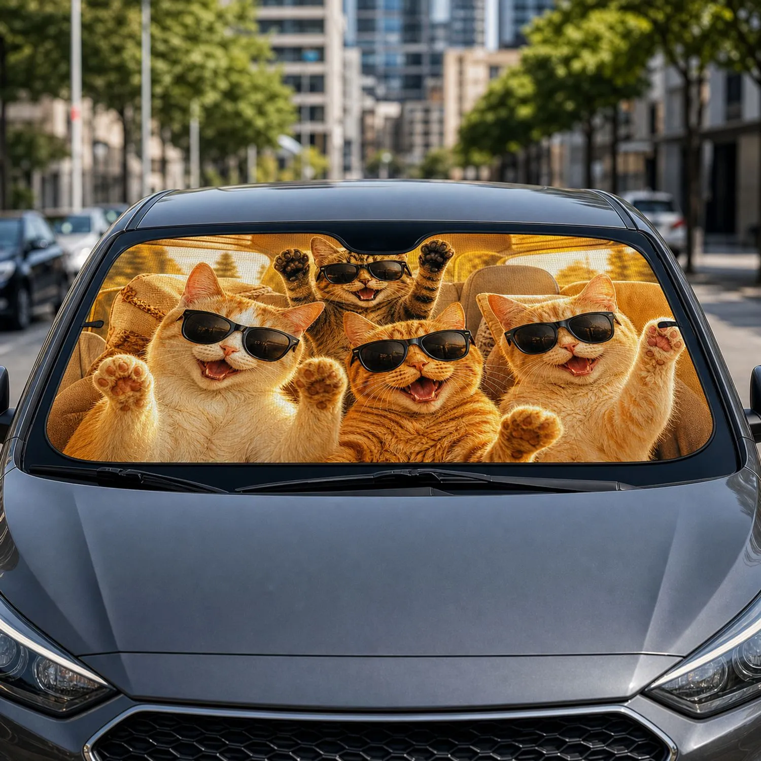 Four Sunglasses Cats In Warm Road Trip Cabin For Pet Lovers And Summer Travel Vibes Car Sunshade - 1