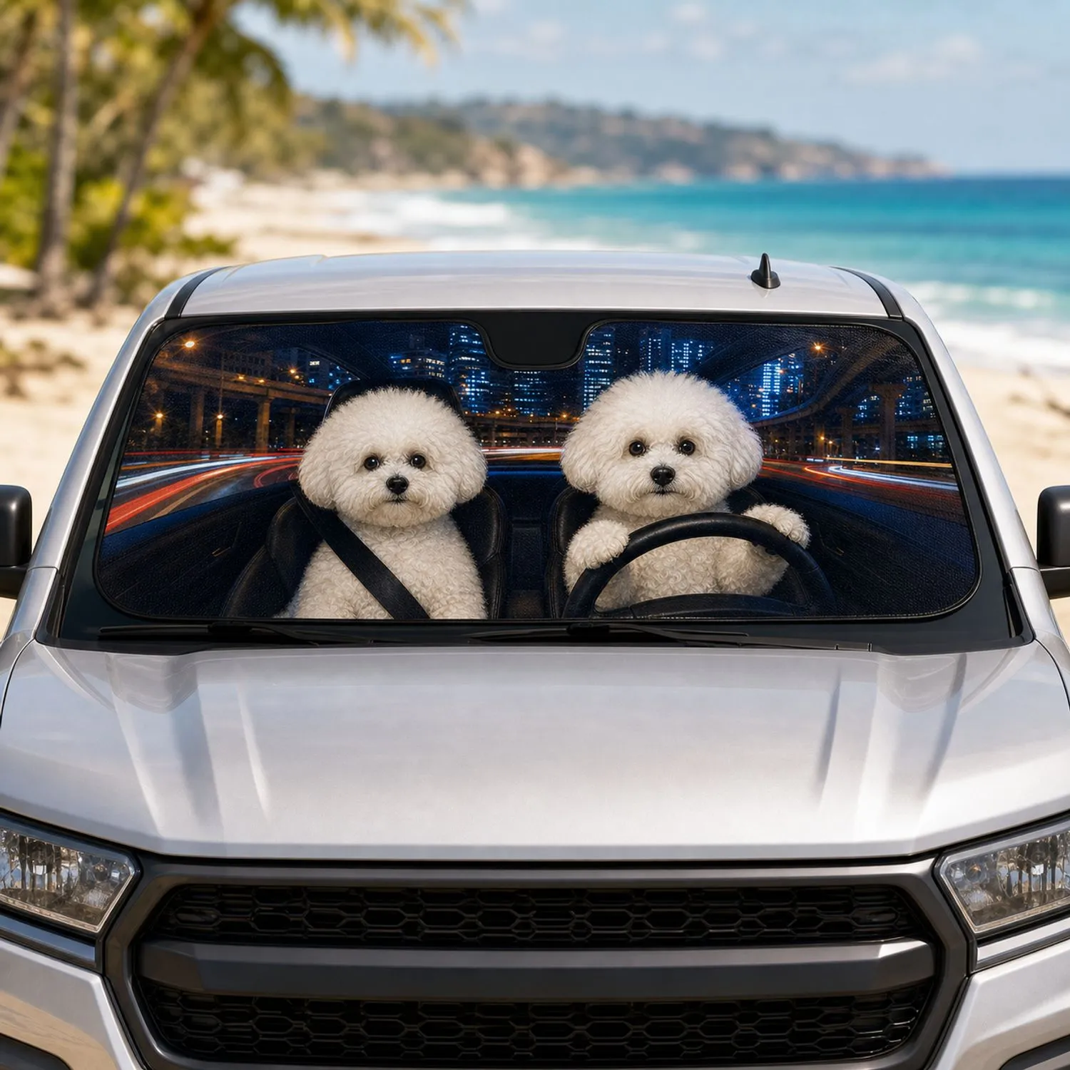 Two Bichon Frise Dogs Night City Drive Urban Commute Decor Gift For Dog Lovers And Fans Car Sunshade - 1