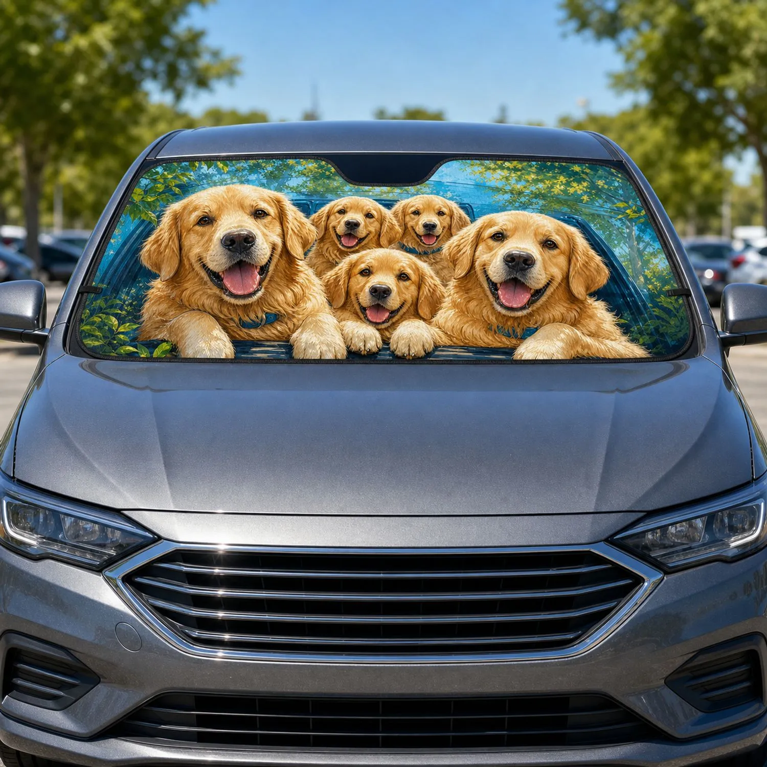 Golden Retriever Pack With Blue Collars For Dog Lover Road Trip Style Gift For Pet Owners Car Sunshade - 1