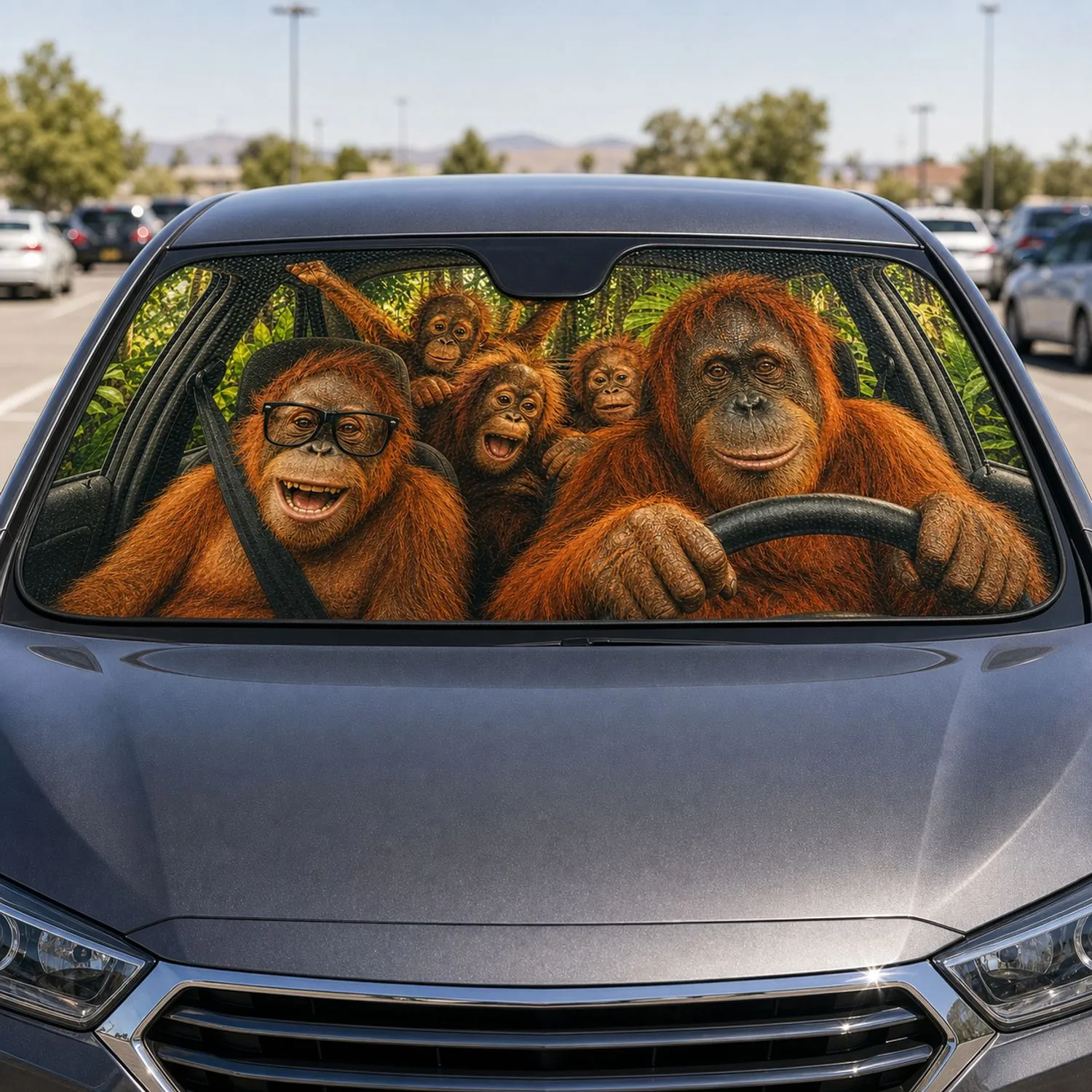 Realistic Orangutan Family Jungle Road Trip Scene For Animal Lovers And Parents Gift Car Sunshade - 1