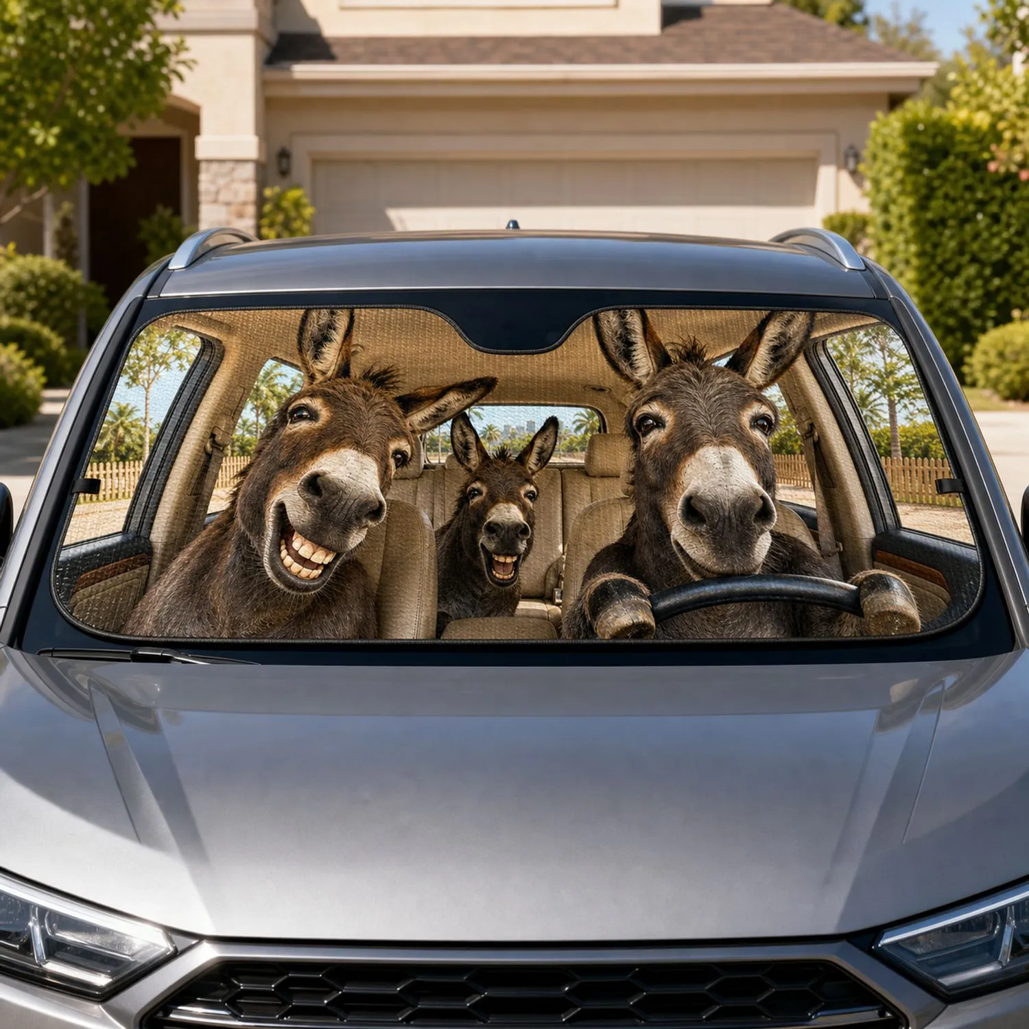 Funny Realistic Donkeys In Beige Vehicle Cabin Road Trip Humor For Animal Lovers Car Sunshade - 1