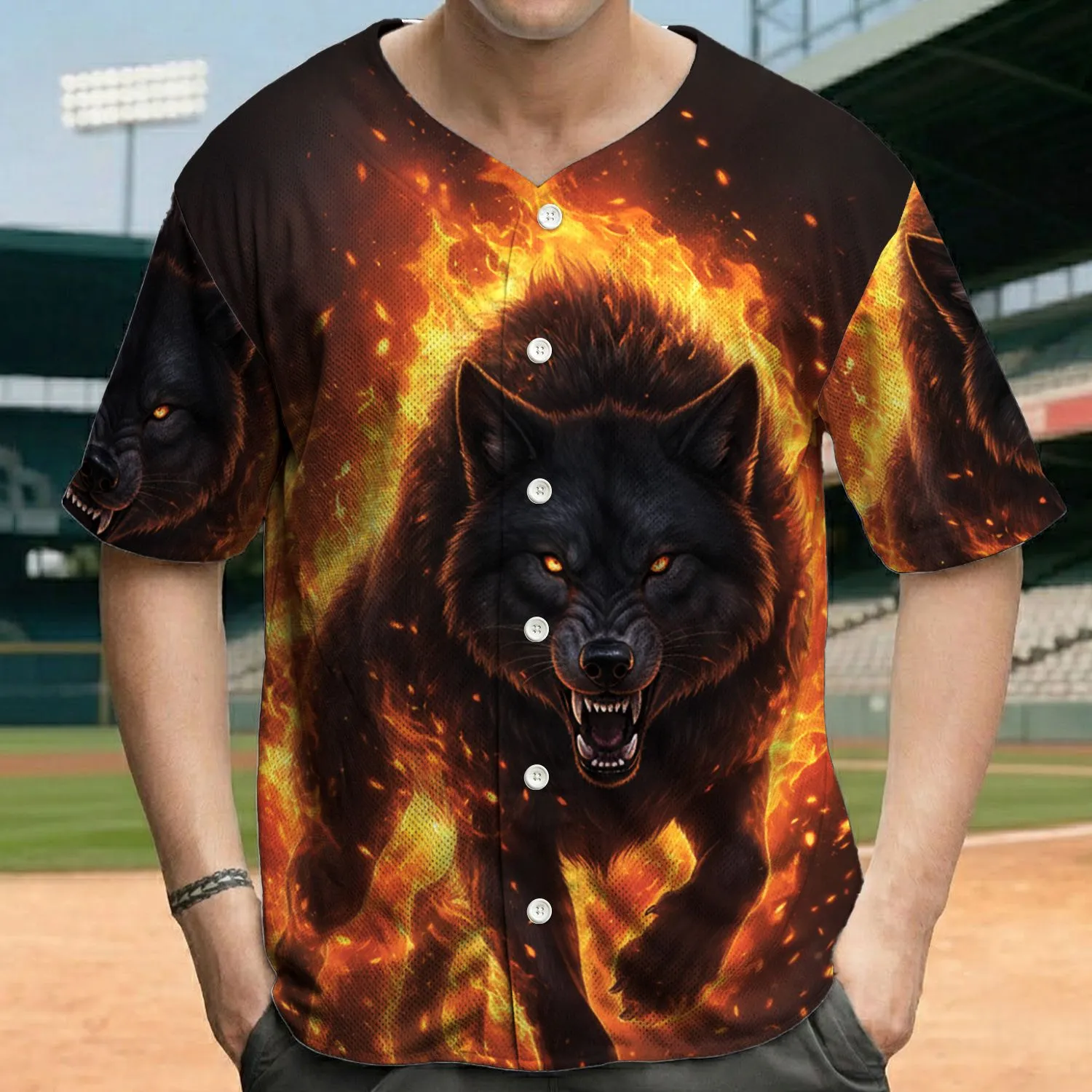 Snarling Black Wolf with Amber Glowing Eyes in Fiery Charge - Fantasy Art Lover Gift Baseball Jersey - 1