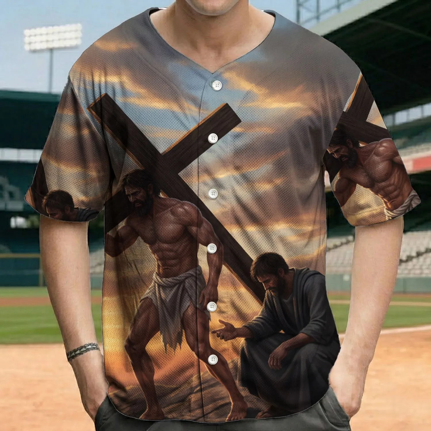Muscular Bearded Men Carrying Cross Dramatic Sky - Spiritual Faith Gift for Believers Baseball Jersey - 1