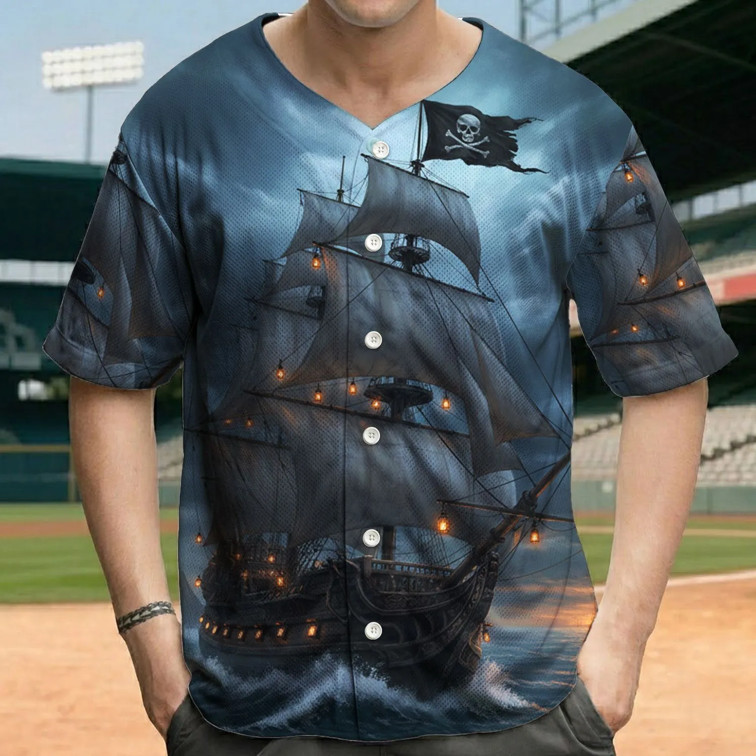 Pirate Galleon Jolly Roger Stormy Ocean - Dark Fantasy Enthusiast Gift Baseball Jersey - 1