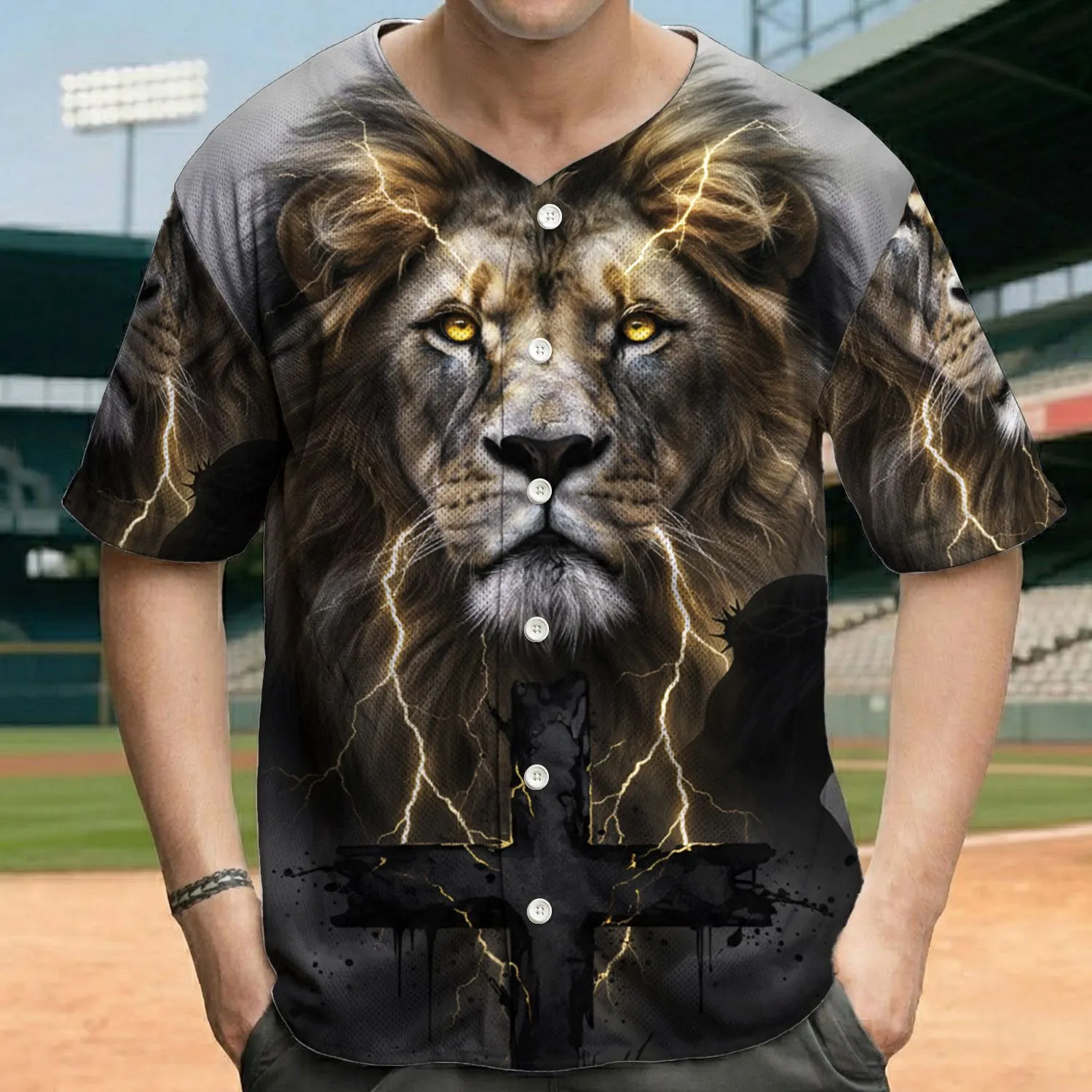 Realistic Lion Head Cross Jesus - Faith Lifestyle Gift for Christian Fan Baseball Jersey - 1