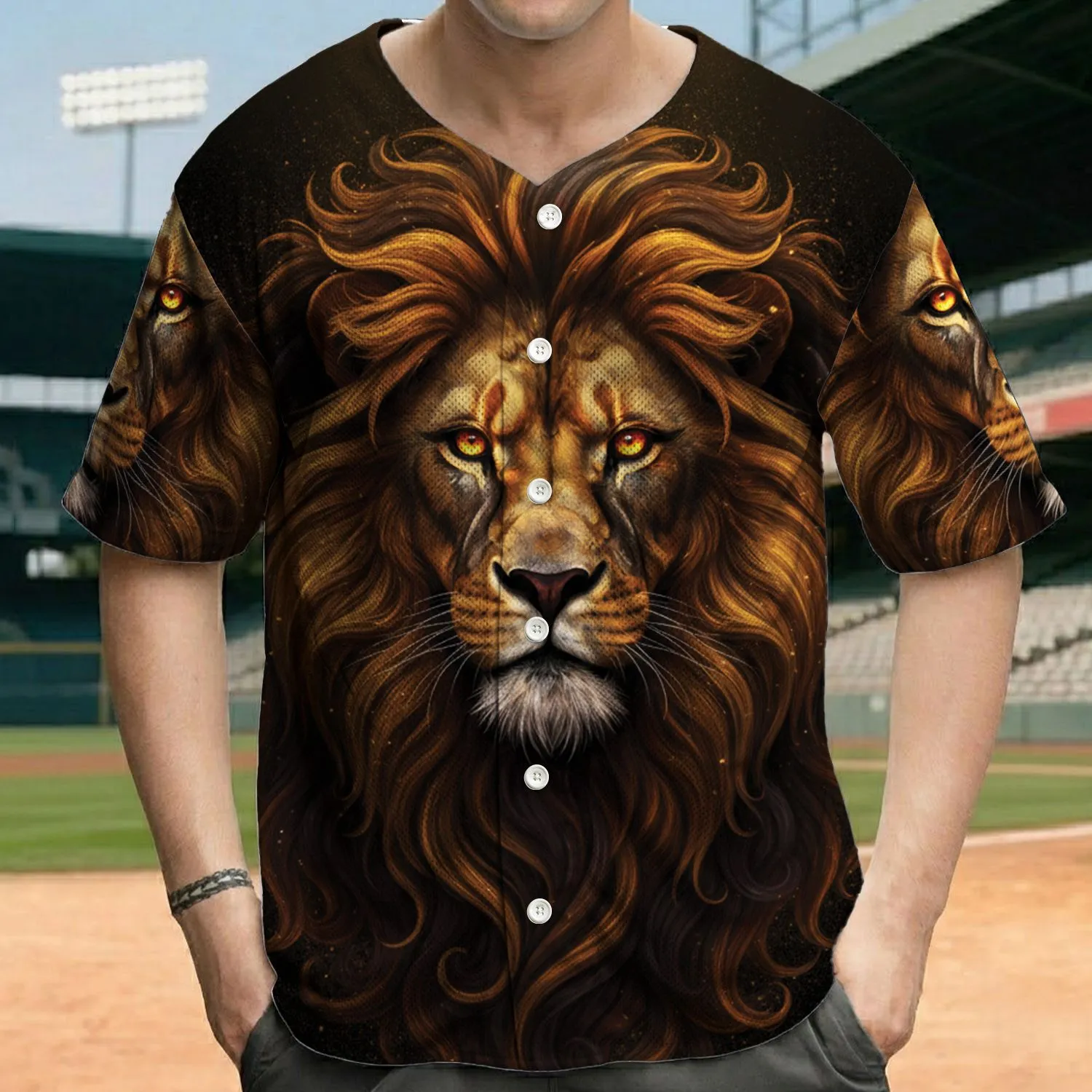 Majestic Lion Head Golden Mane Glowing Eyes Dark Background - Wildlife Lover Gift Baseball Jersey - 1