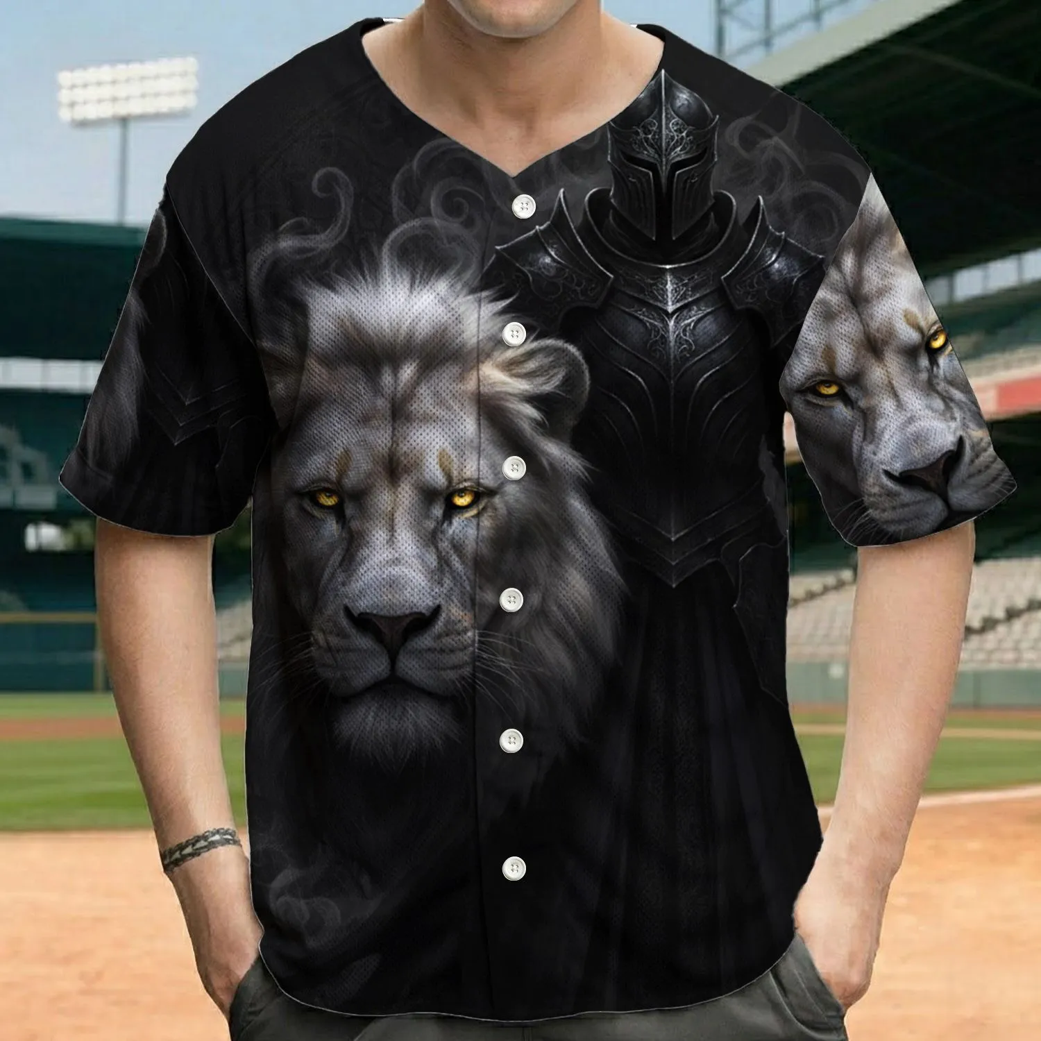 White Lion Glowing Yellow Eyes Dark Warrior Ornate Helmet Cloaks - Dark Fantasy Fan Gift Baseball Jersey - 1