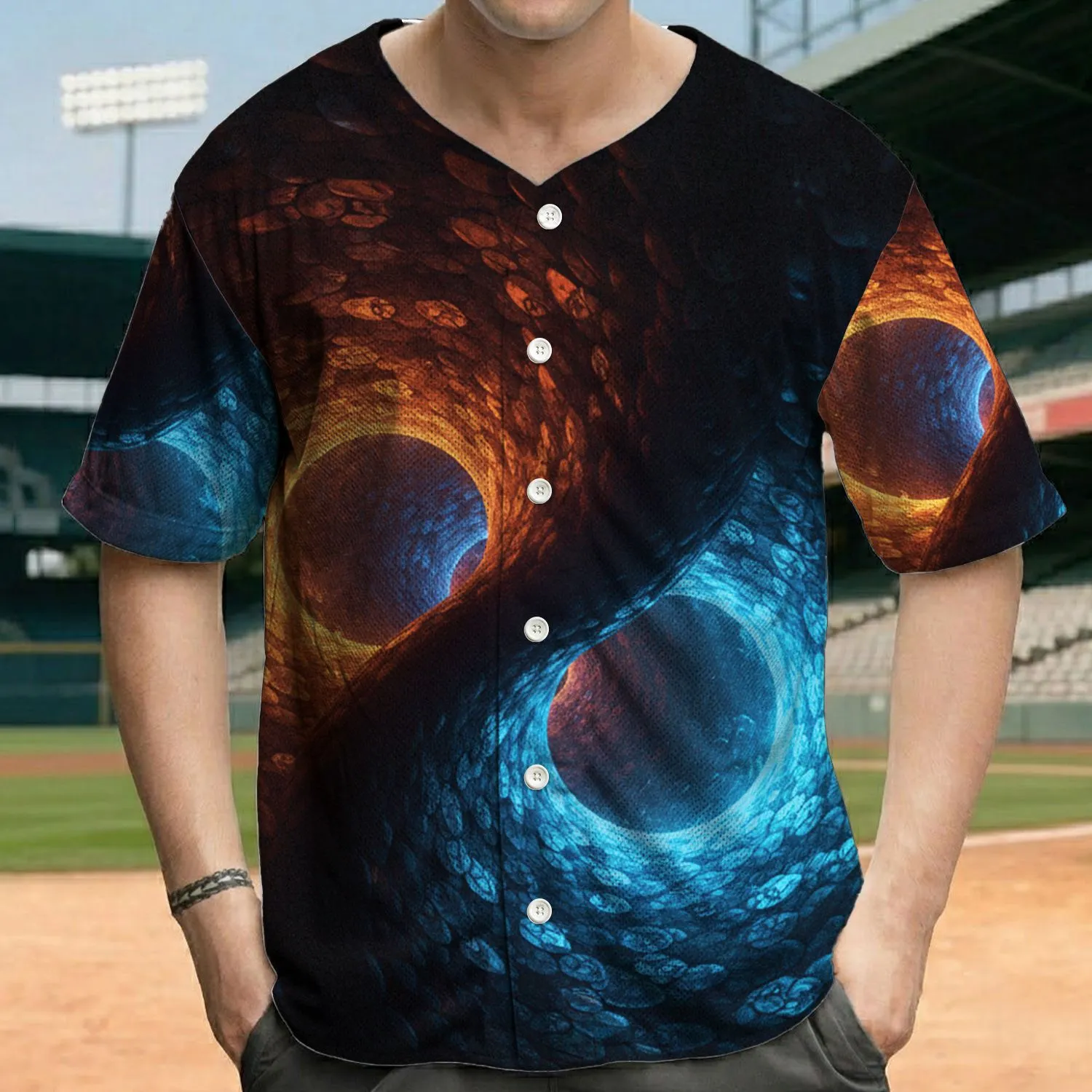 Winding Iridescent Scale Wormhole Tunnel With Glowing Portal Lights - Everyday Style Gift Baseball Jersey - 1