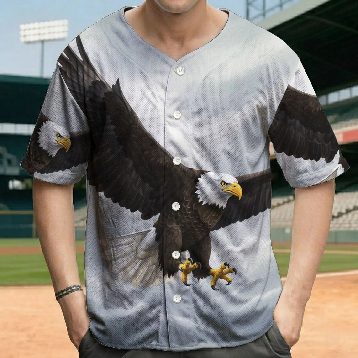 Bald Eagle Wings Extended Talons Down Cloudy Mist Landmass Sky - Wildlife Lover Gift Baseball Jersey - 1