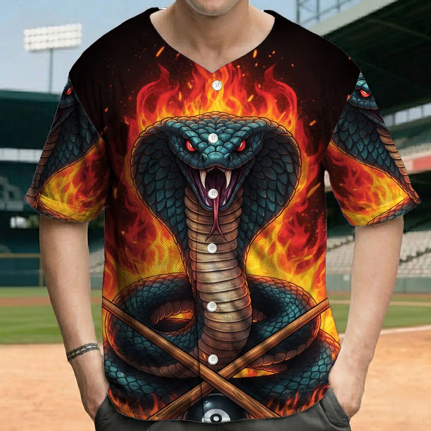 Menacing Cobra 8-Ball Billiard Cues Fiery Flames - Gift for Billiard Player Baseball Jersey - 1