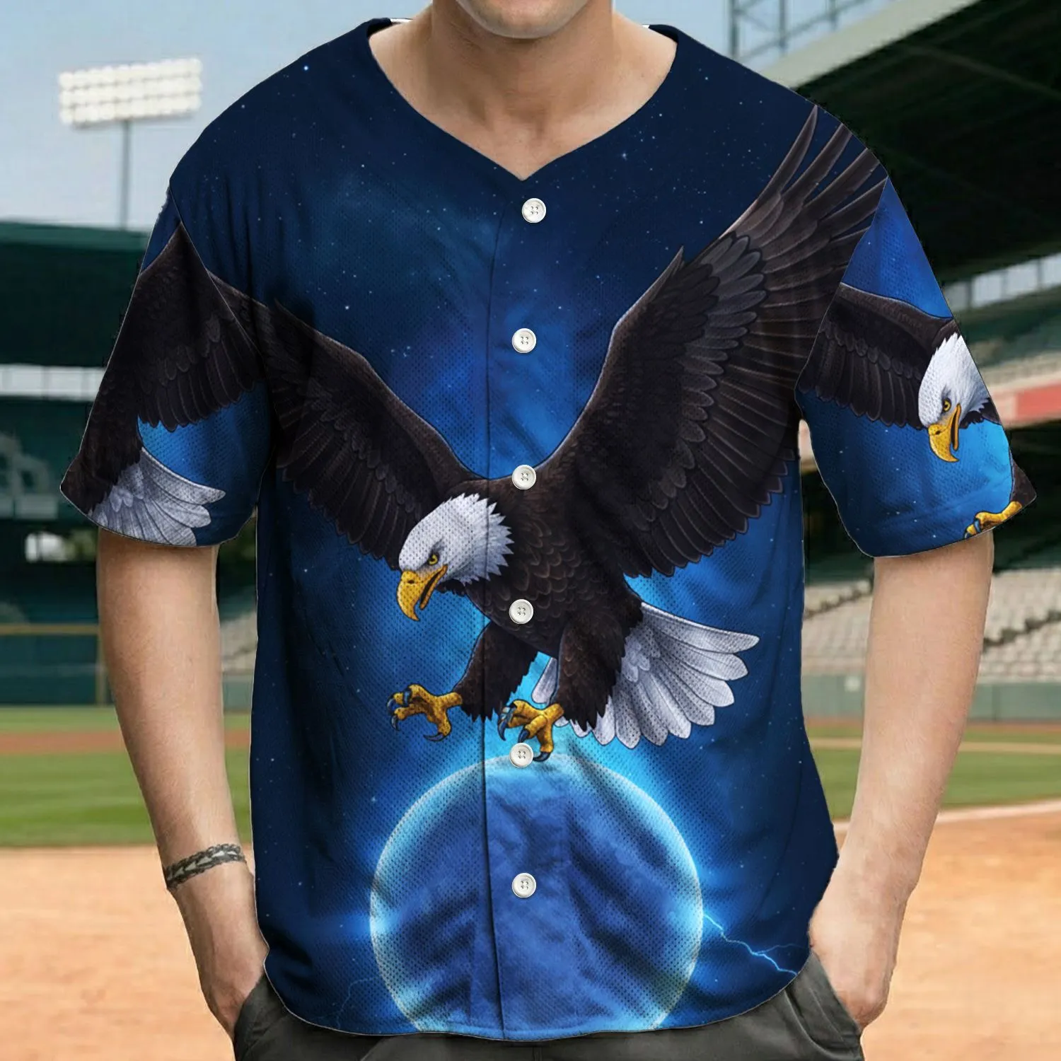 Powerful Bald Eagle Blue Planet Cosmic Starry Sky - Wildlife & Space Lover Gift Baseball Jersey - 1