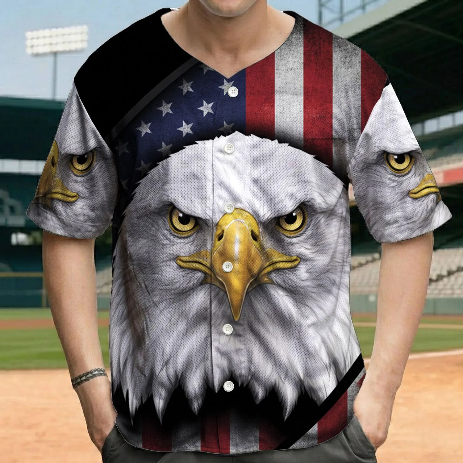 Piercing Eye Bald Eagle Distressed American Flag - Independence Day Gift for Veterans Baseball Jersey - 1