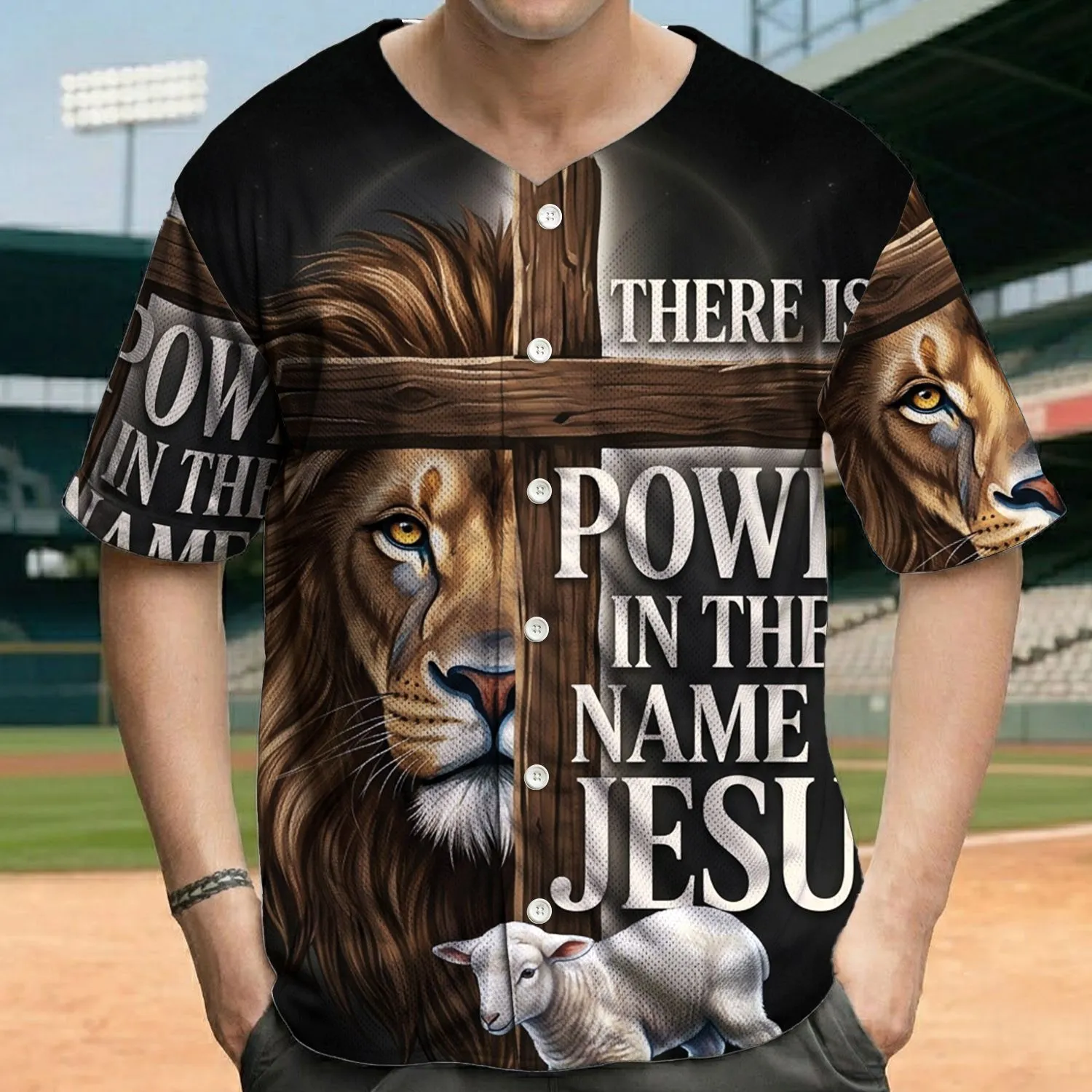 Powerful Lion Cross Lamb - Christian Gift for Believers Baseball Jersey - 1