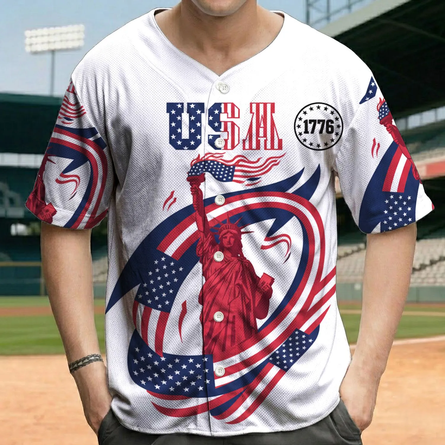USA Statue of Liberty 1776 American Flag - Independence Day Gift for Veterans Baseball Jersey - 1