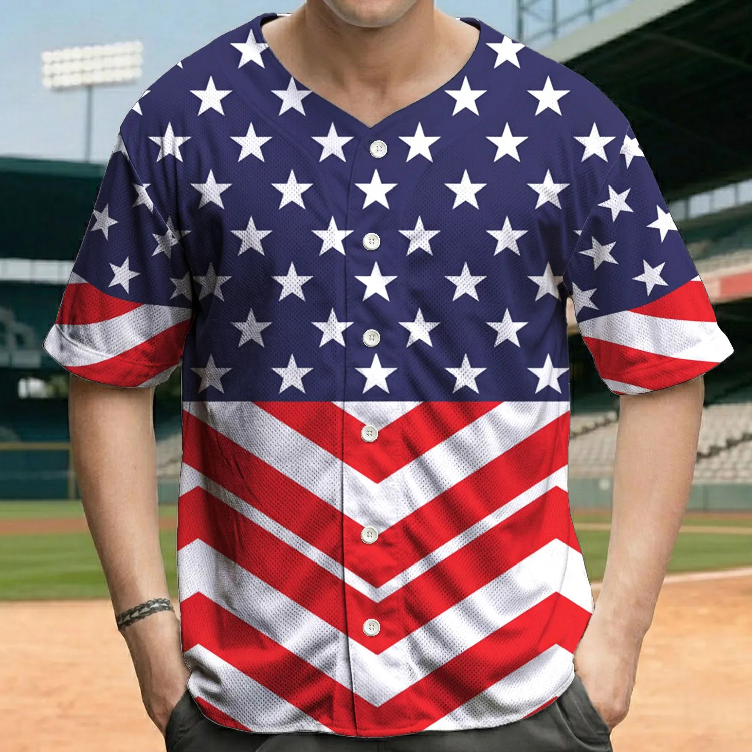 American Flag Five-Pointed Stars Red White Chevron - Independence Day Gift for Veterans Baseball Jersey - 1